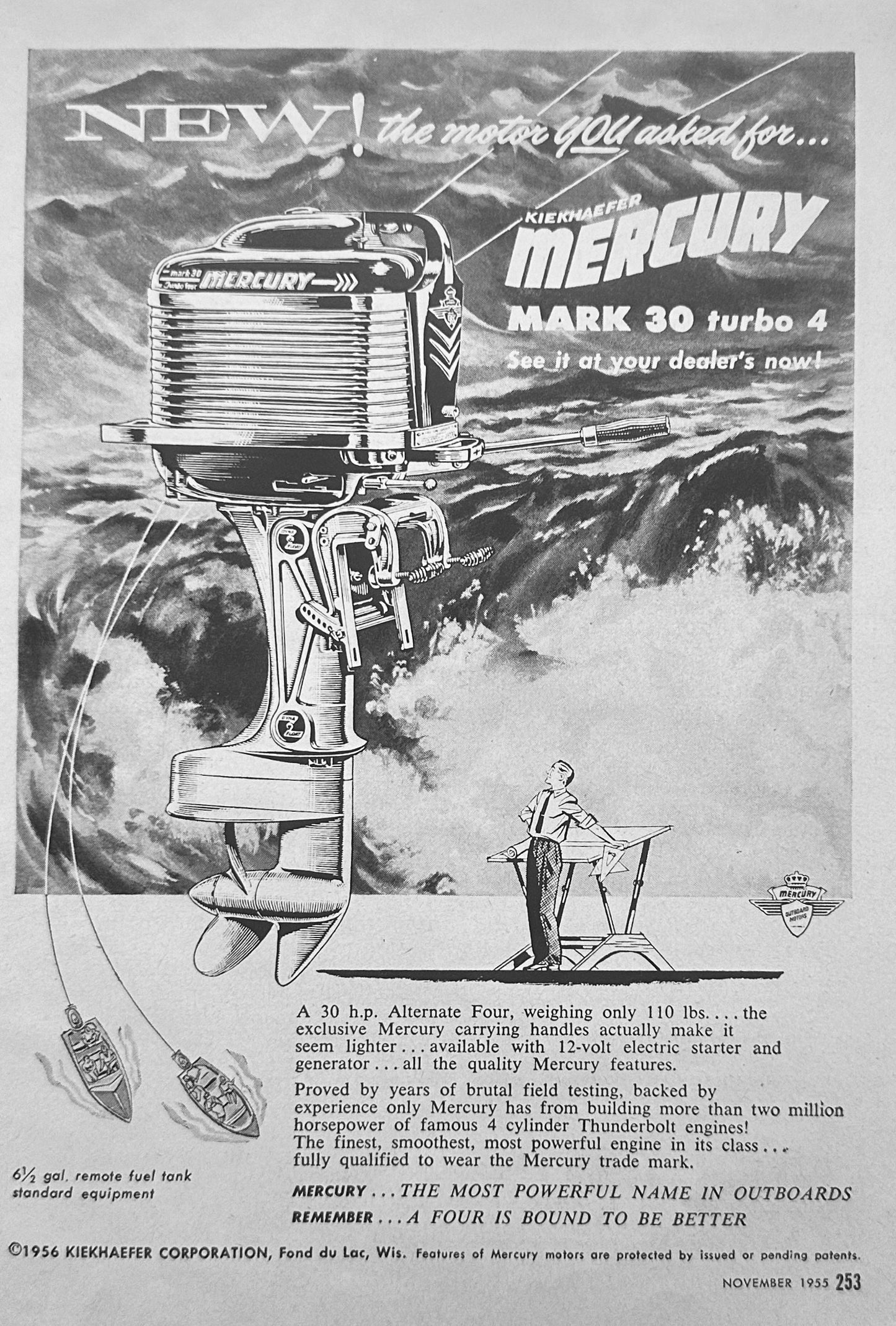 1955 Mercury Mark 30 Turbo 4 Mercury Outboard Motor Vintage Ad N635