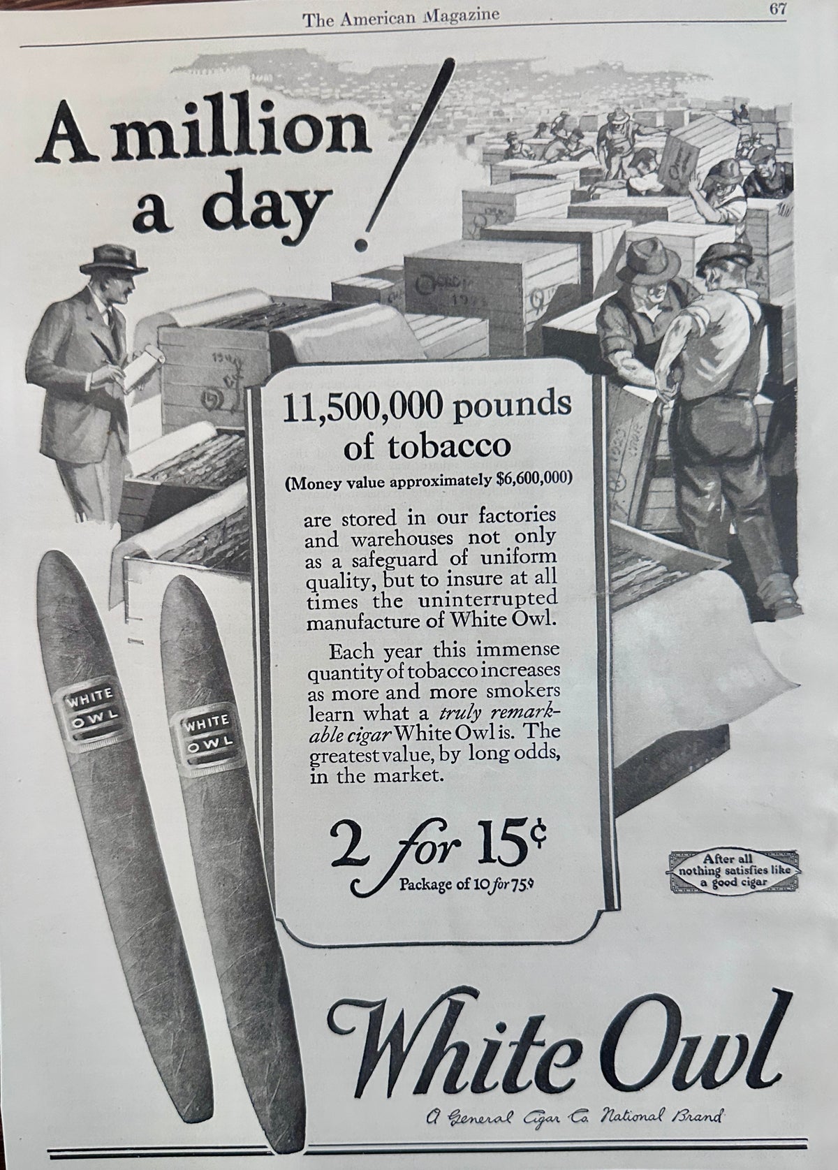 1924 White Owl Cigars - General Cigar Co., Inc - A Million A Day! Ad #N1620