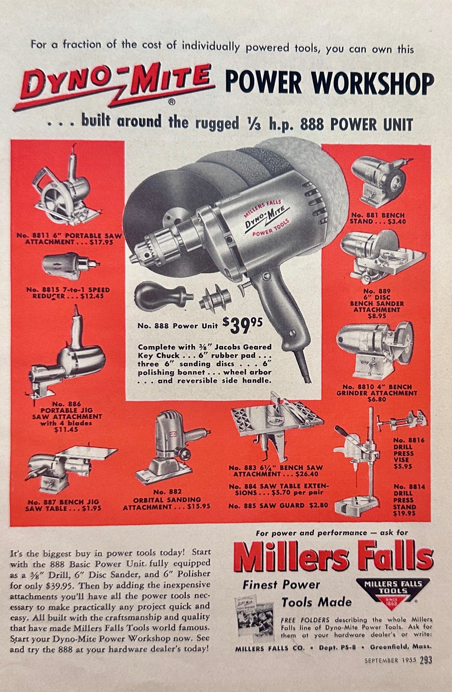 1955 Millers Falls Dyno-Mite Power Workshop with Multiple Attachments - Magazine Ad N647
