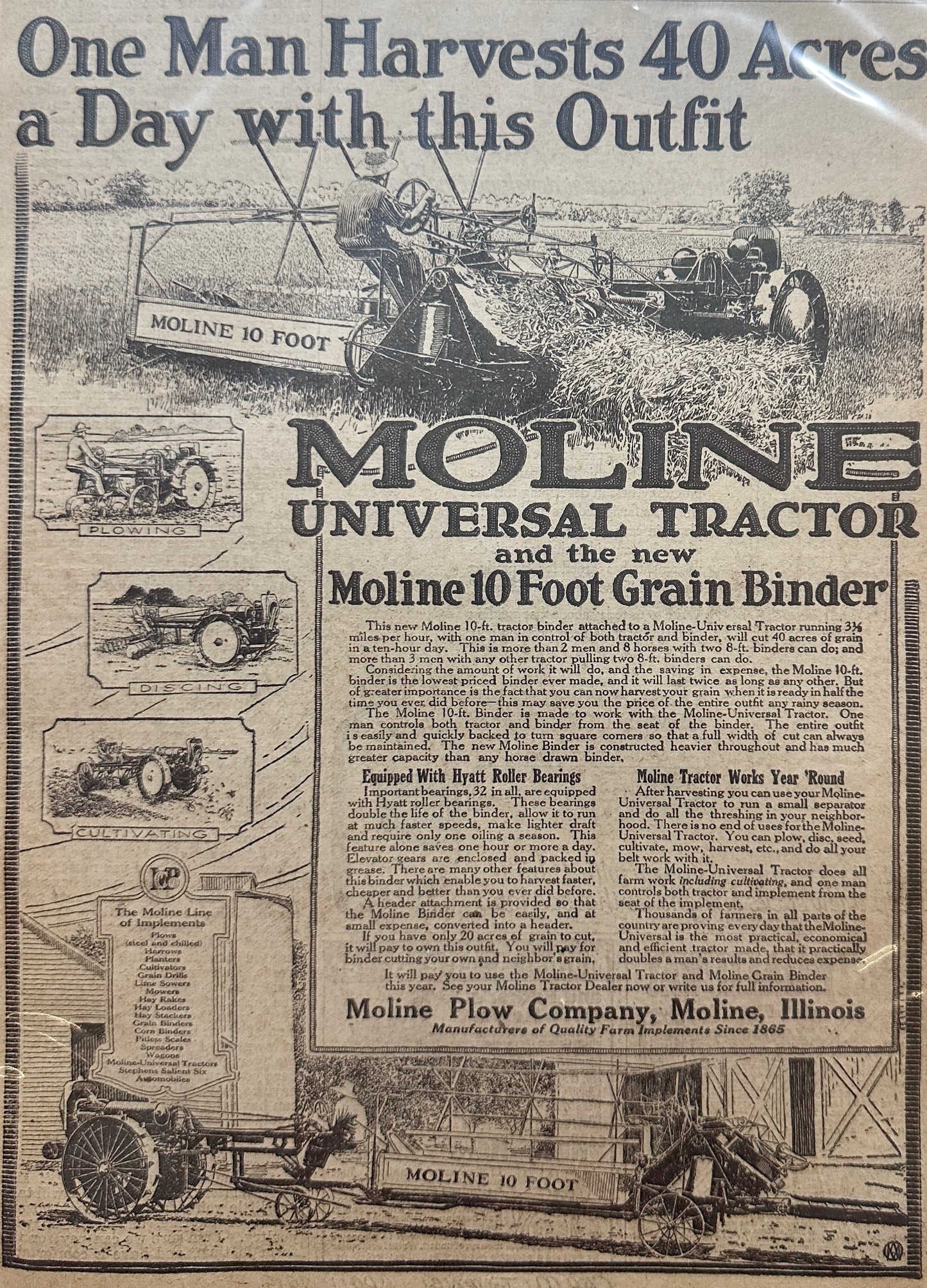1919 Moline Universal Tractor 1 Man Harvests 40 Acres Magazine Ad