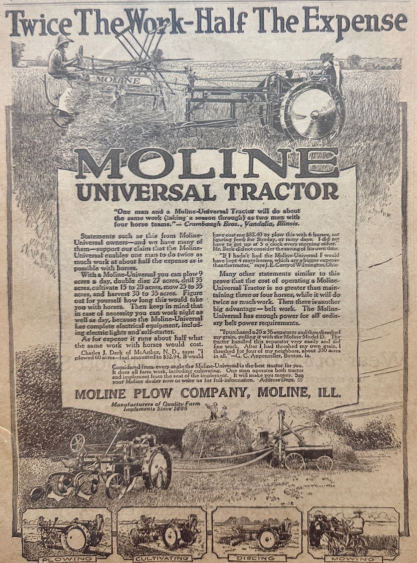 1919 Moline Universal Tractor + Reliance Work Shirts Magazine Ad