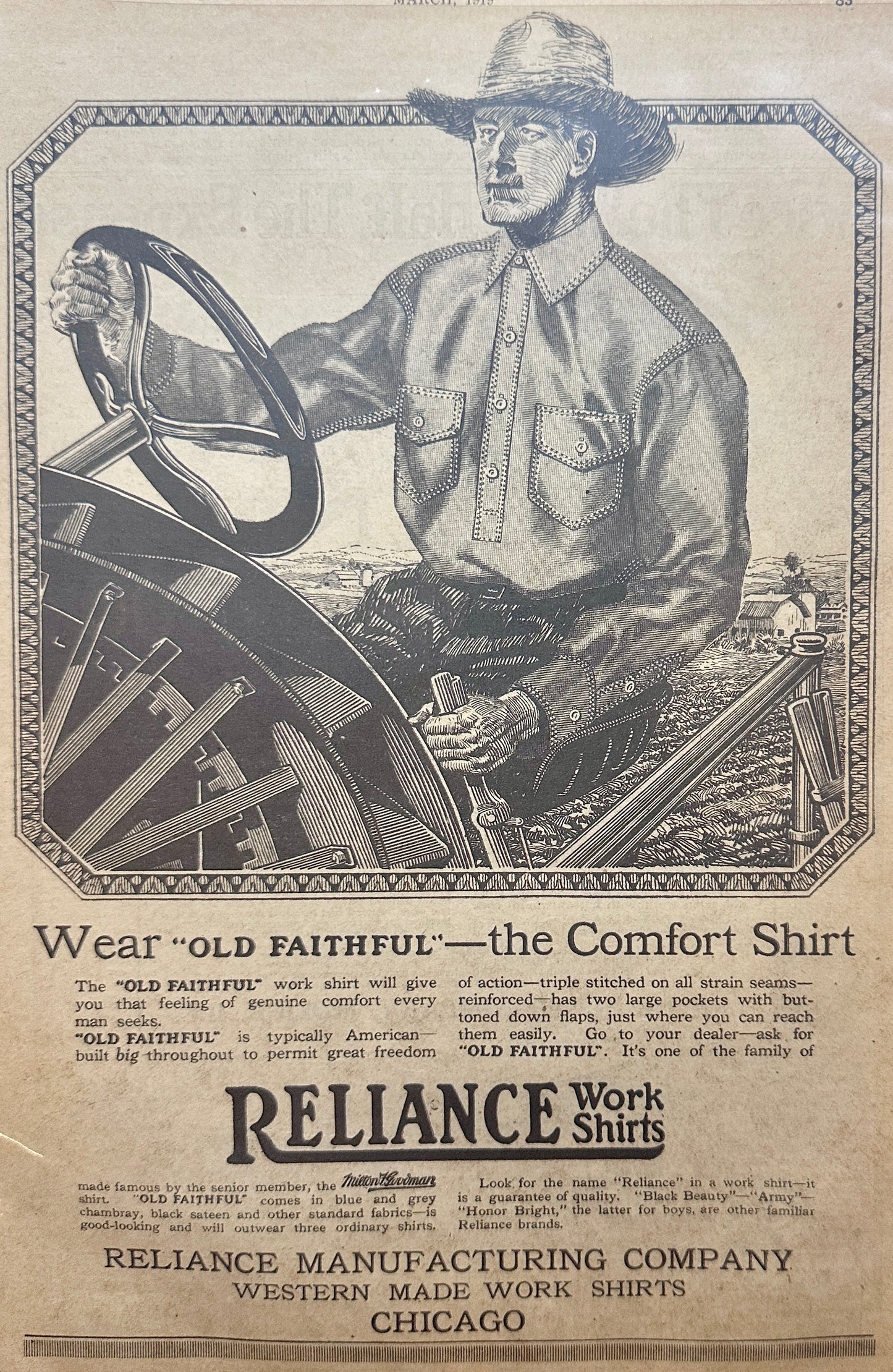 1919 Moline Universal Tractor + Reliance Work Shirts Magazine Ad