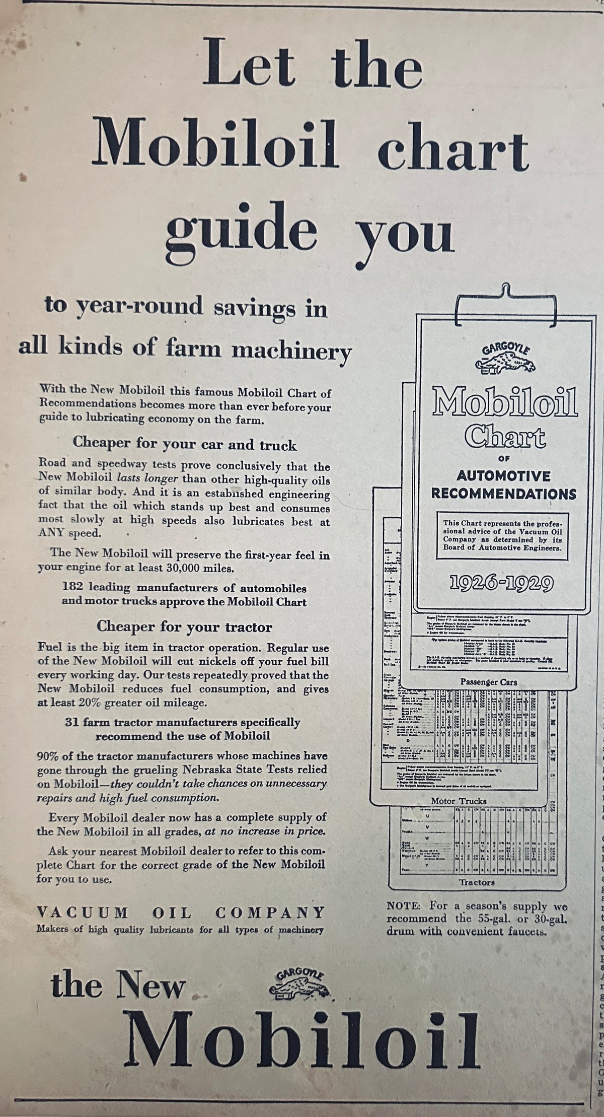 1929 Let the Mobiloil Oil Chart Guide You Ad #2399