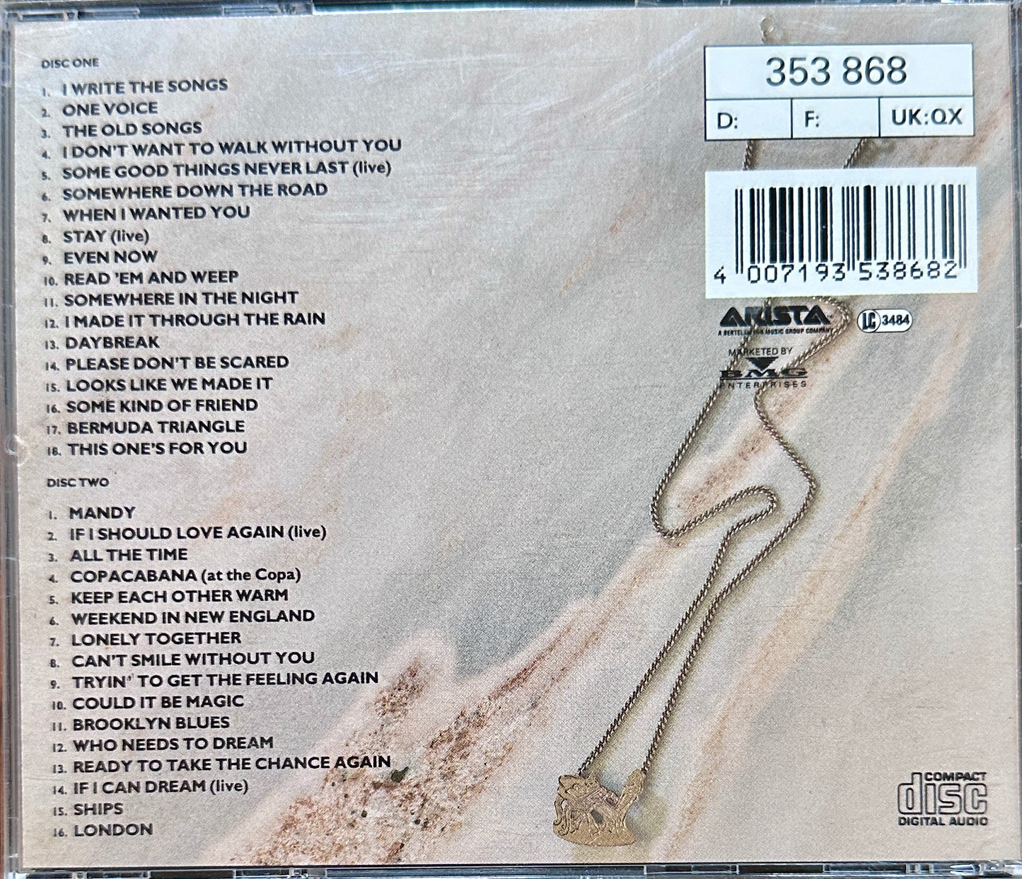 1990 Barry Manilow 2-Disc The Songs 1975 - 1990 Collection Music CD