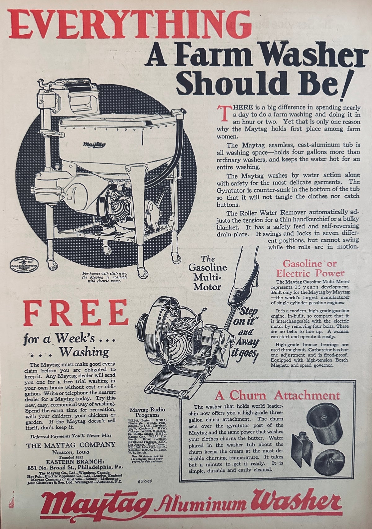1929 Maytag - Everything a Farm Washer Should Be + Butter Churn Ad #2418