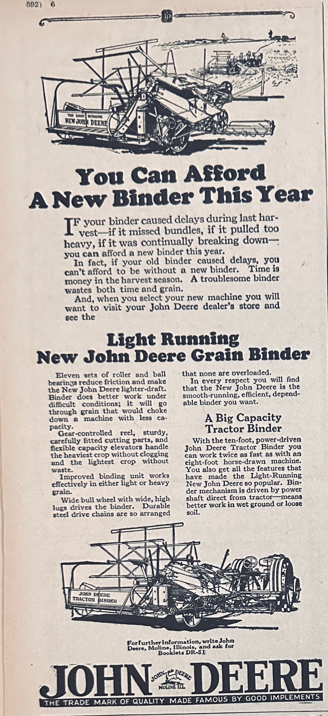 1929 John Deere Grain Binder Ad #2426