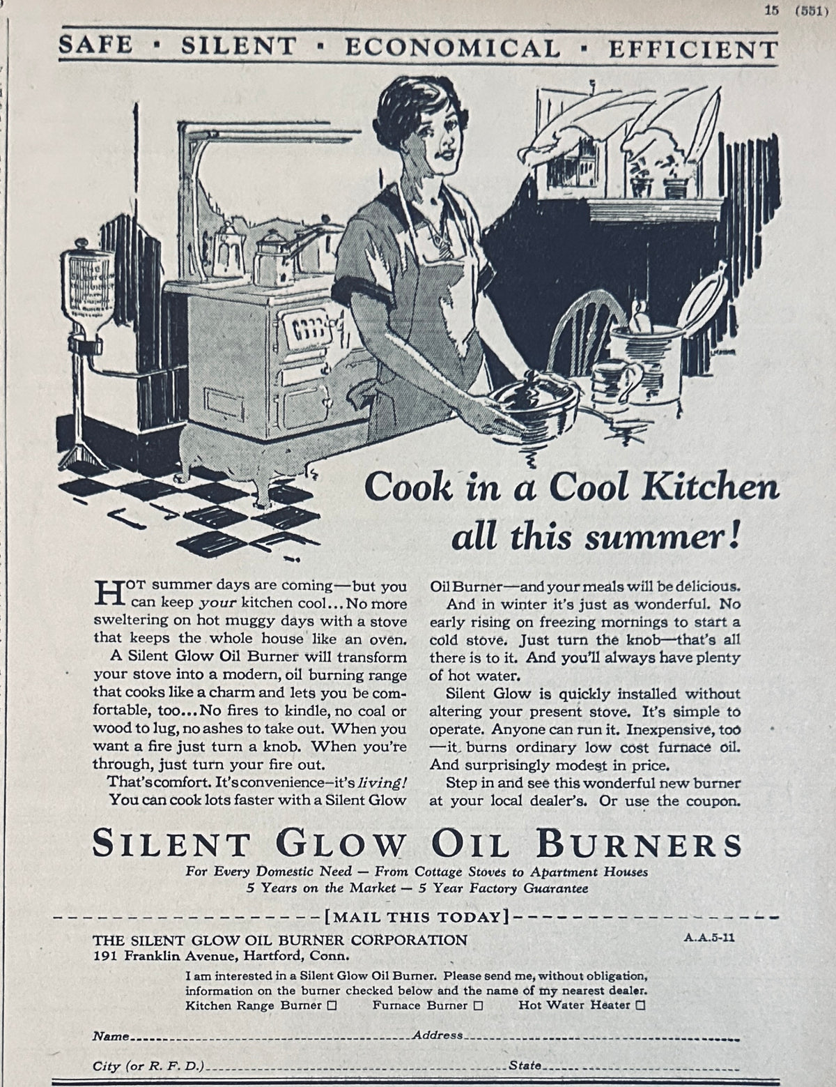 1929 Silent Glow Oil Burners - Cook in A Cool Kitchen Ad #2435