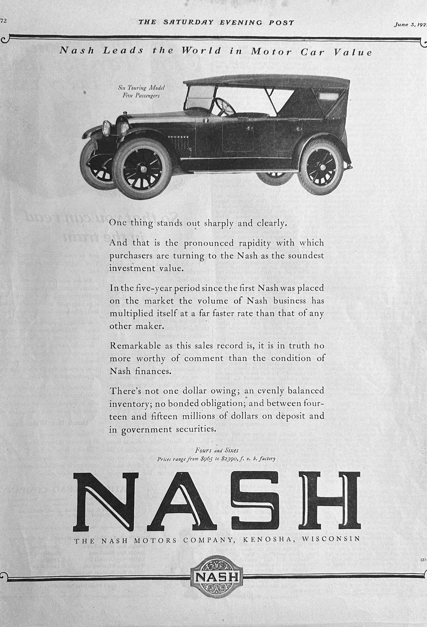 1922 NASH Motor Car 6 Touring 5-Passenger Model Magazine Ad