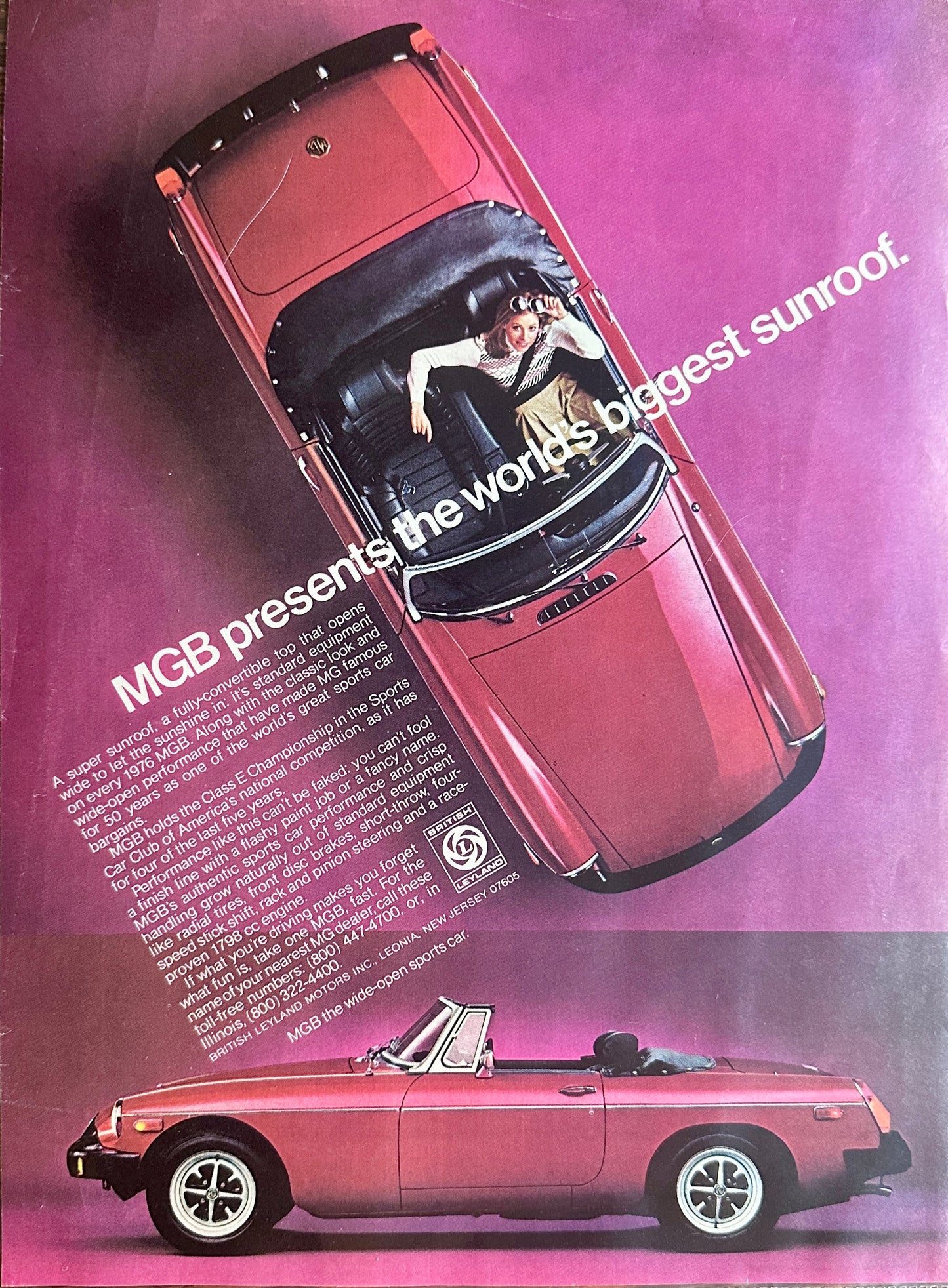1976 Red MG MGB - World's Biggest Sunroof - Magazine Ad# A180