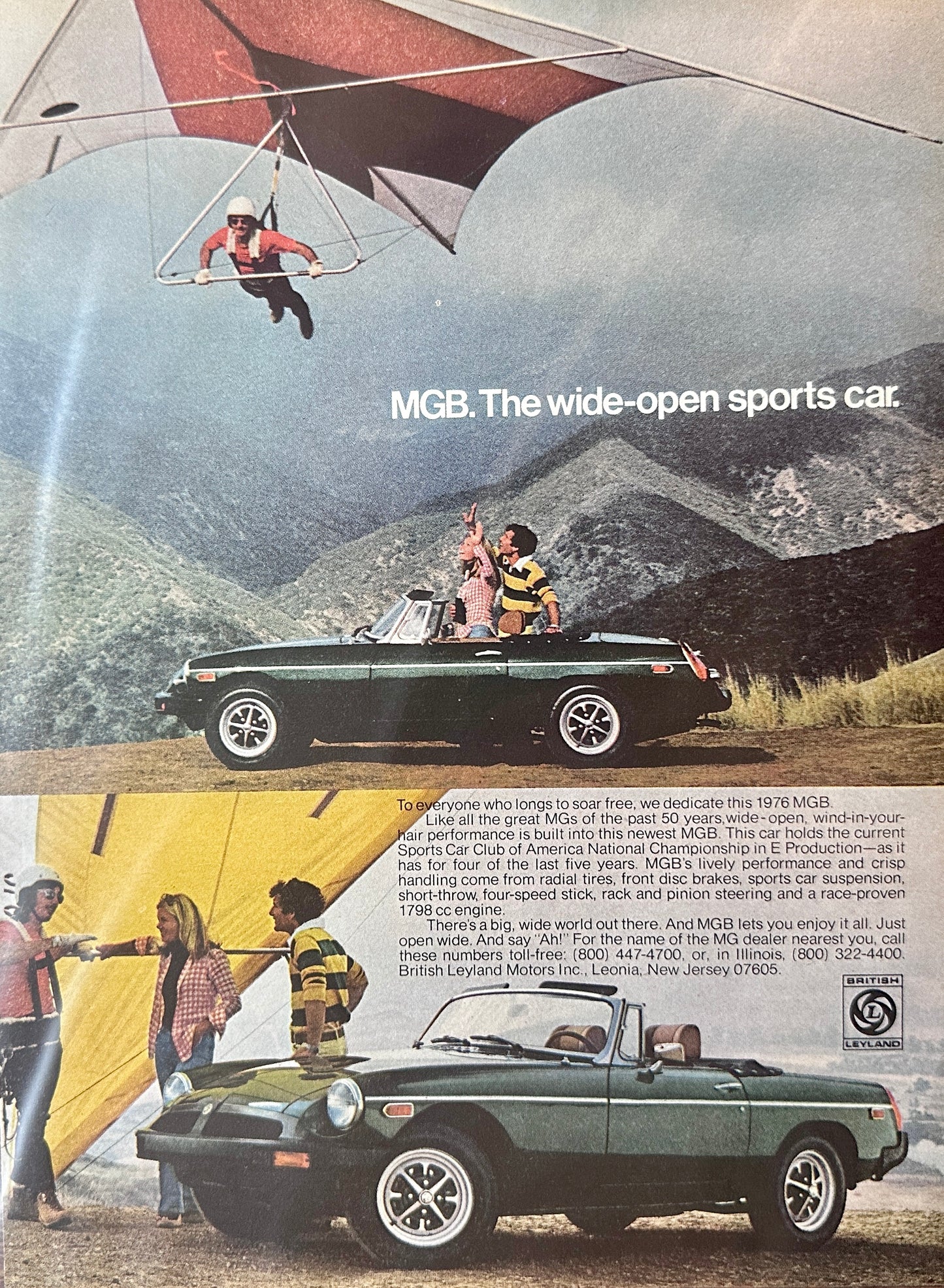 1976 MG MGB & Hang Glider - Green - Magazine Ad A179