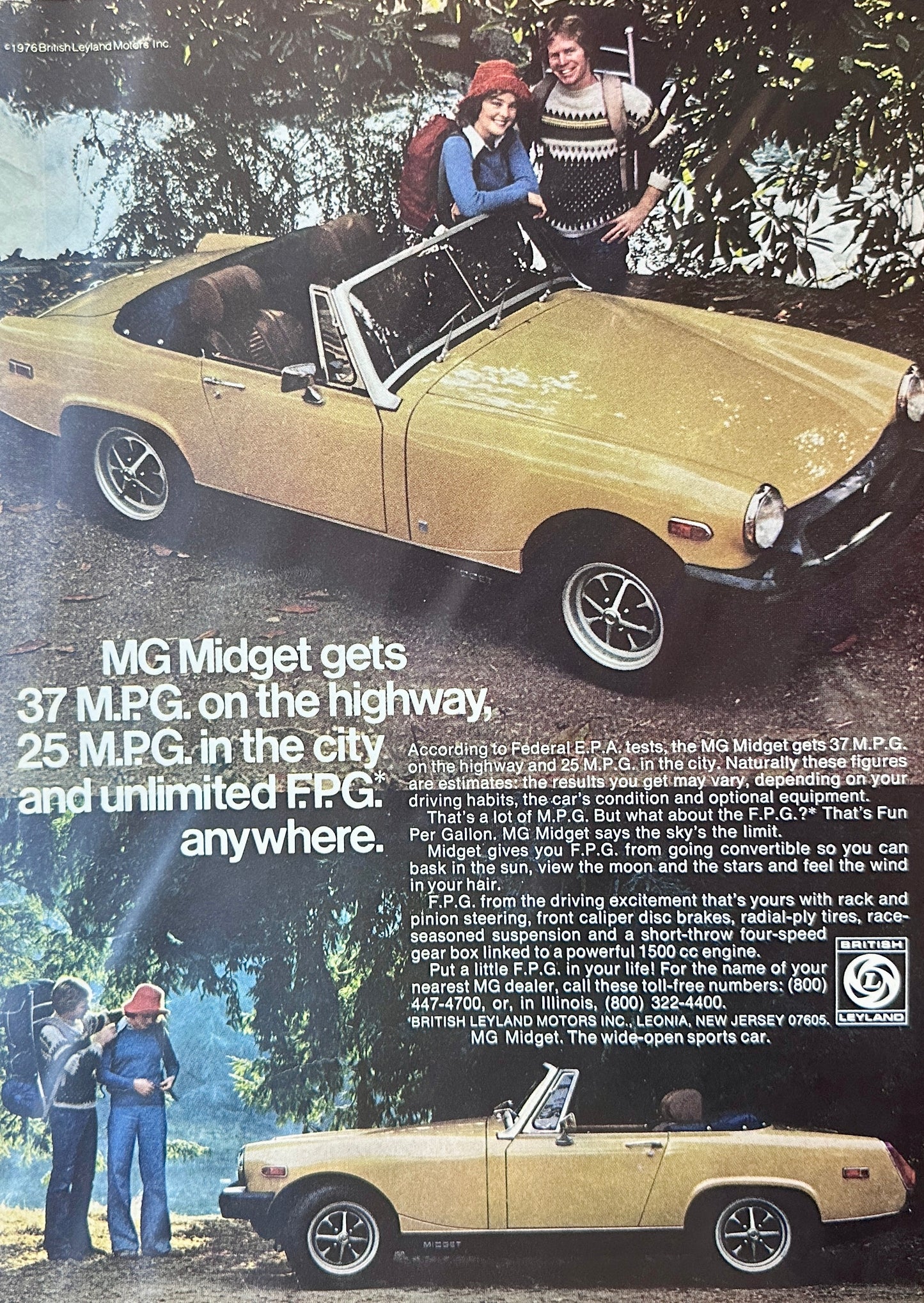1976 MG Midget takes you Hiking Magazine Ad - Yellow A178