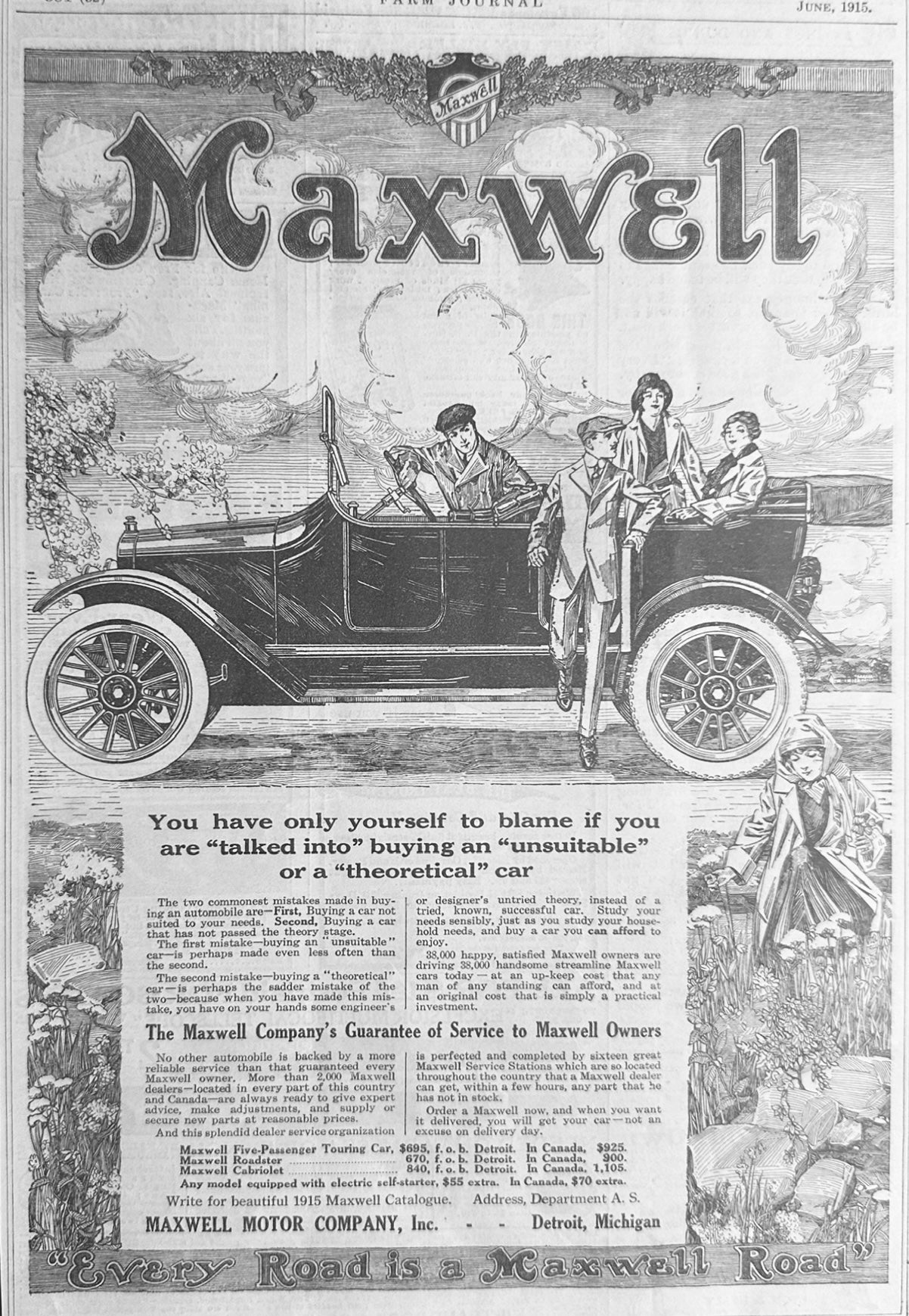 1915 Maxwell Motorcar Stopped to Pick Flowers Magazine Ad