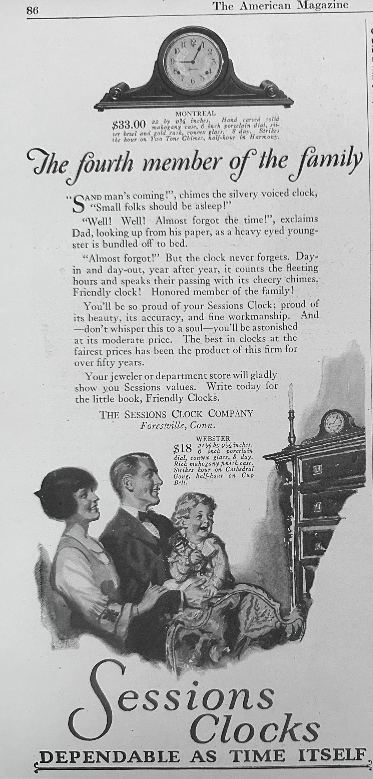 1923 Sessions Clocks - The 4th Member of the Family Ad #N1629