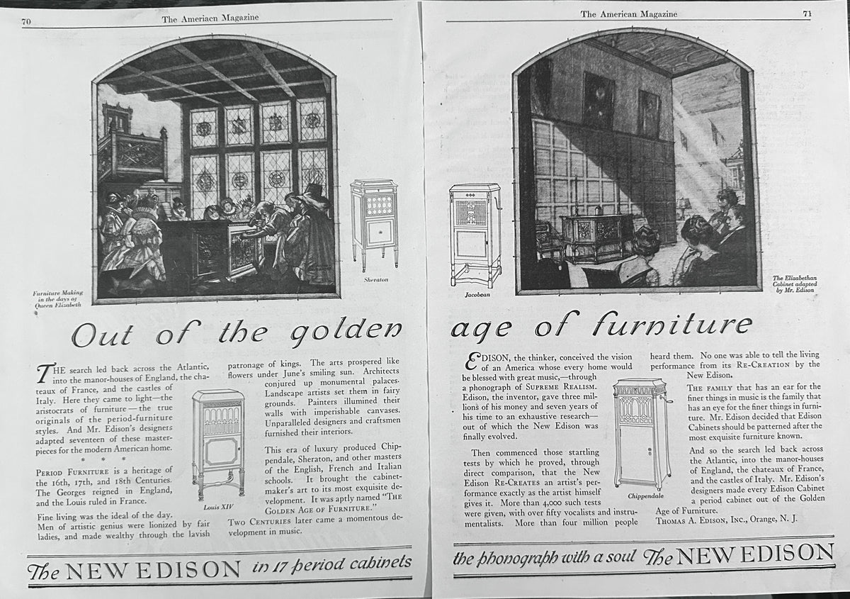 1923 2-Page Out of The Golden Age of Furniture - The New Edison Phonographs AD #N1646