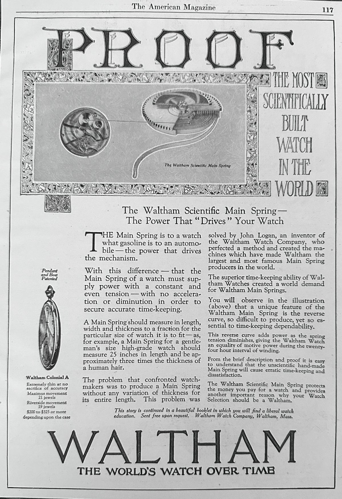 1923 Waltham Colonial A Pocket Watch With Scientific Main Spring Ad #N1652