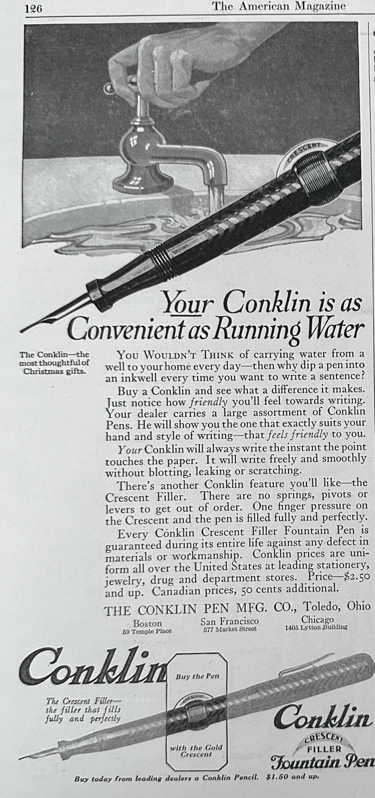 1923 Conklin Fountain Pen with Crescent Filler Ad #N1653