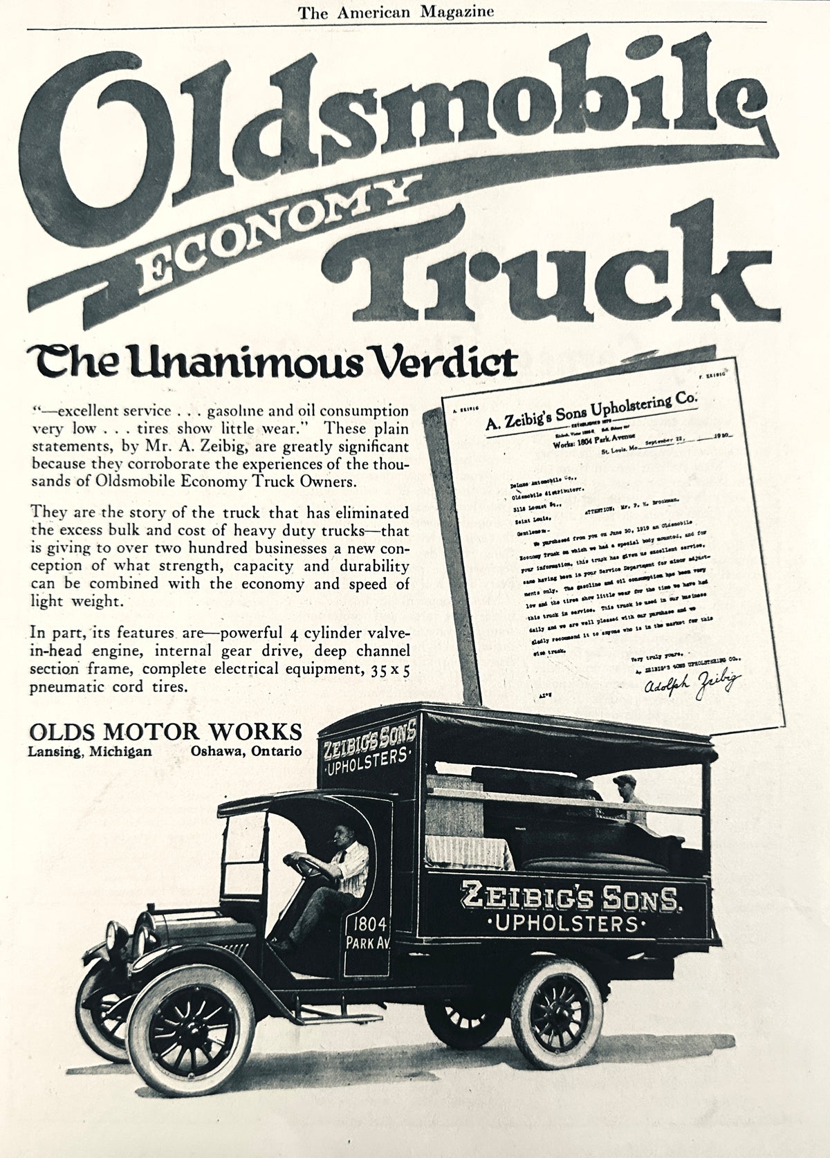1923 Rare Oldsmobile Furniture Delivery Truck AD #N1655