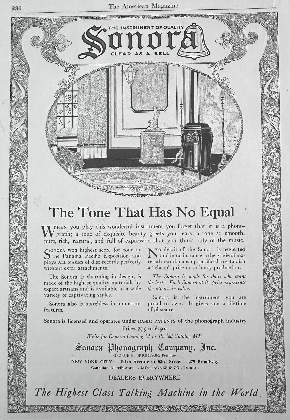 1923 Sonora Phonograph - The Tone That Has No Equal - Ad #N1666