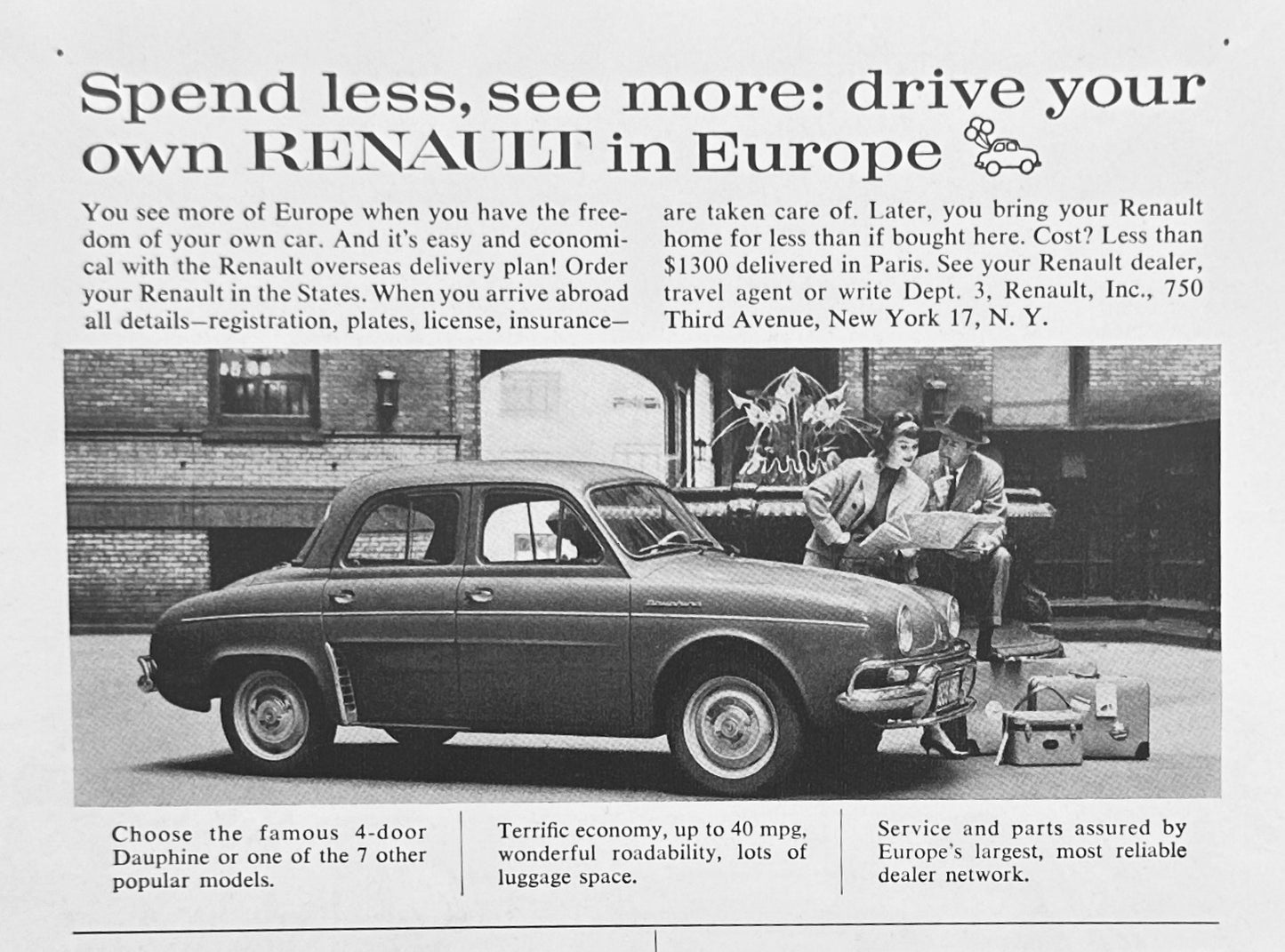1959 Renault Dauphine & Oreint & Pacific Cruise Lines Magazine Ad