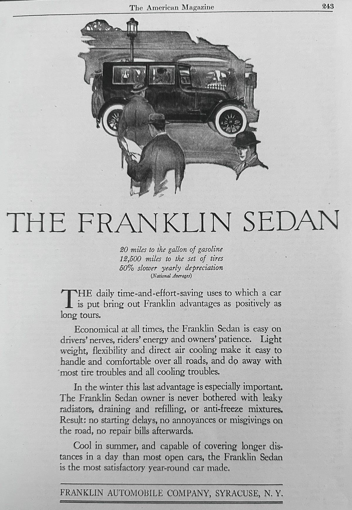 1923 The Franklin Sedan 20 MPG & 12,500 Miles Per Set of Tires Ad# N1670