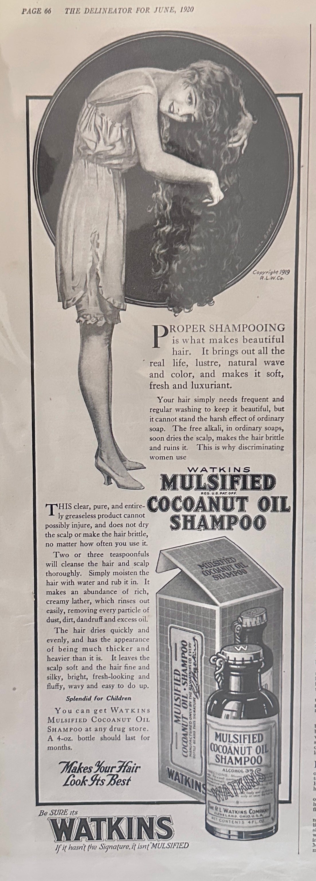 1920 Bixby's Shu Wite Liquid Wax for WHITE Shoes & Watkins Cocoanut Oil Shampoo Ad # 2443