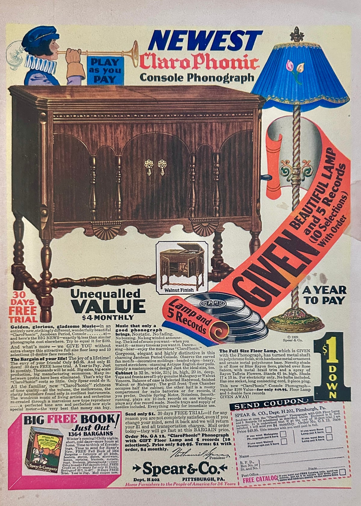 1929 Colorful Claro Phonic Console Phonograph Comes w/Free Lamp & Records Ad #2447