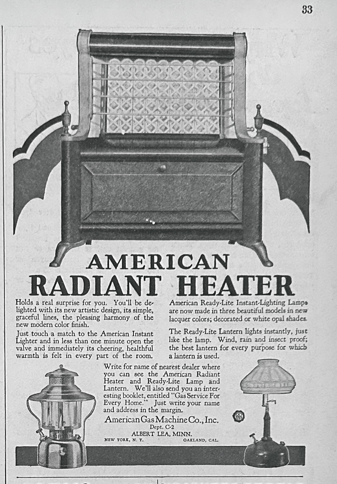 1929 American Radiant Heater, Quick-Lite & Lanterns Ad #2452