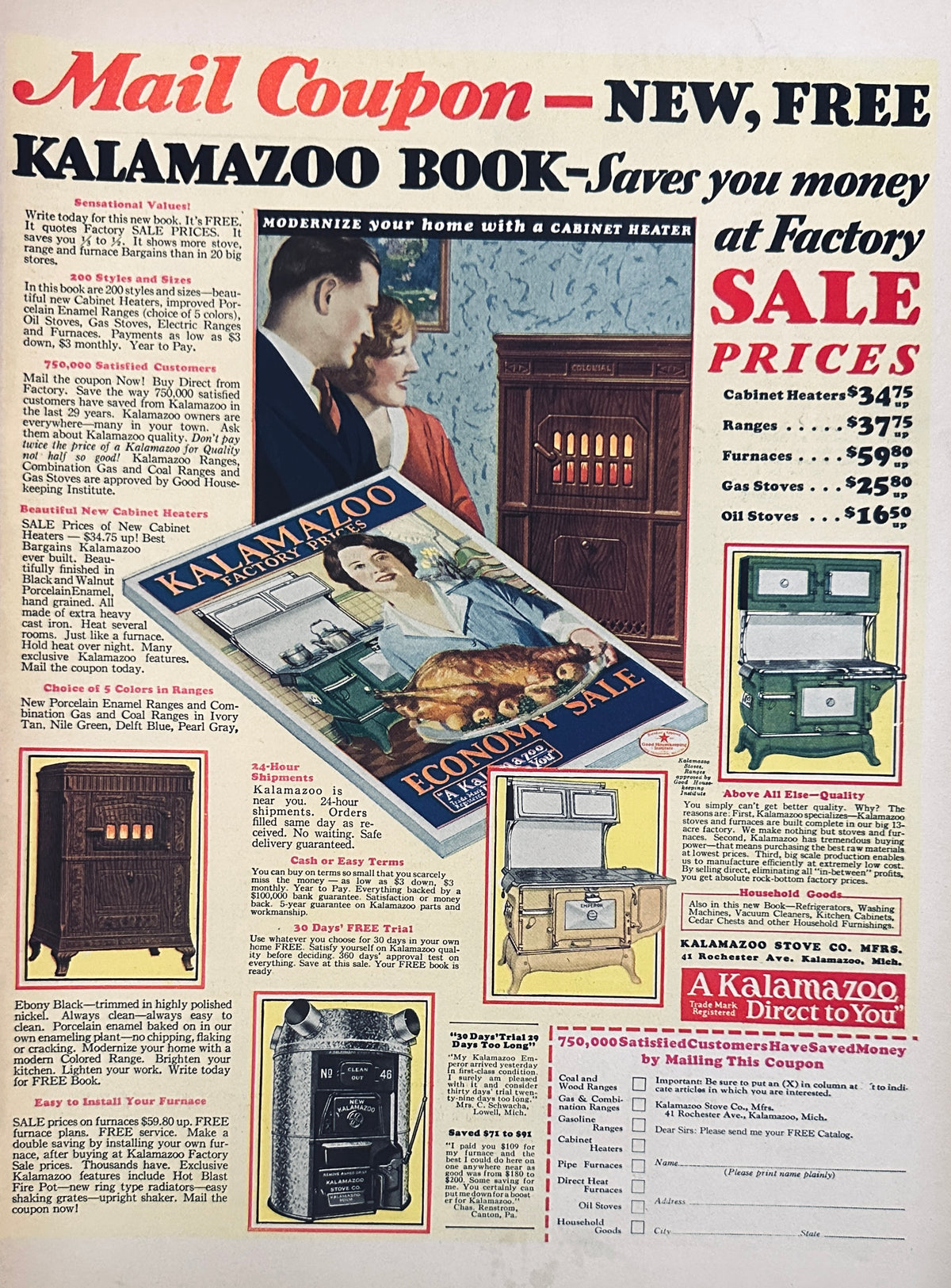1929 Kalamazoo Ranges, Cabinet Heaters Ad #2454