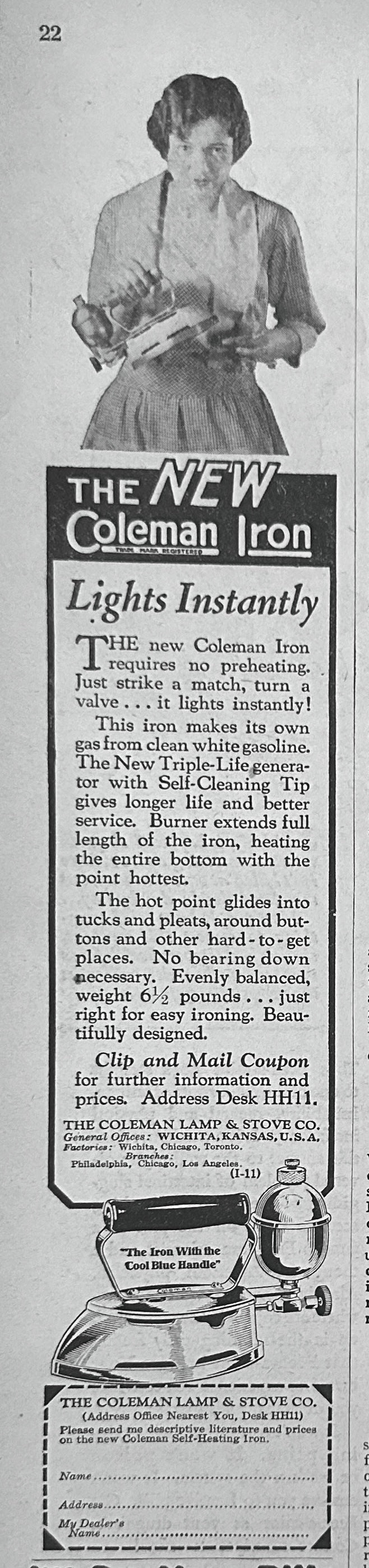 1928 Coleman Instant Lighting Iron with Cool Blue Handle - Wichita, Ks AD #2463
