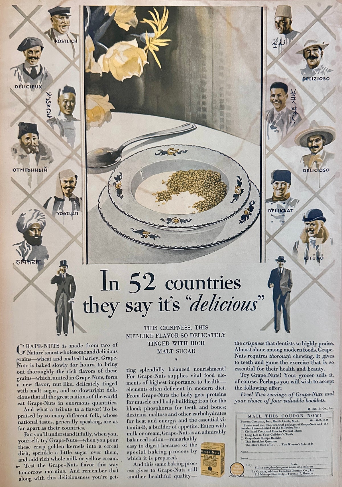1928 Postum Co (POST) Grape Nuts Cereal - 52 Countries Say "Delicious" AD #2464