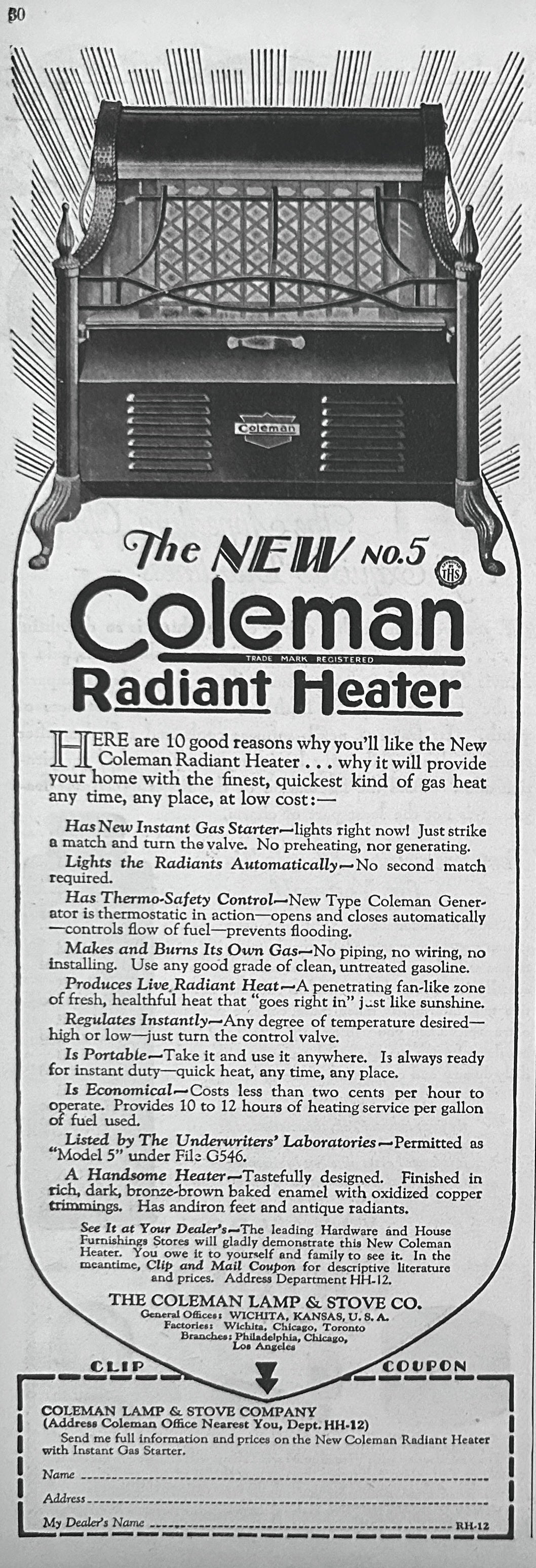1928 Coleman No. 5 radiant Heater - Coleman Lamp & Stove Wichita KS Ad #2468