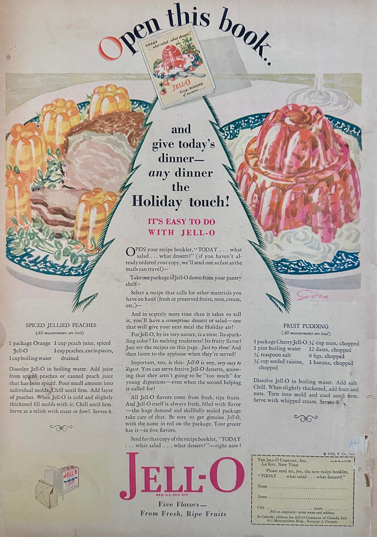 1928 Jell-O Give Today's Dinner - Any Dinner - the Holiday Touch Ad #2472