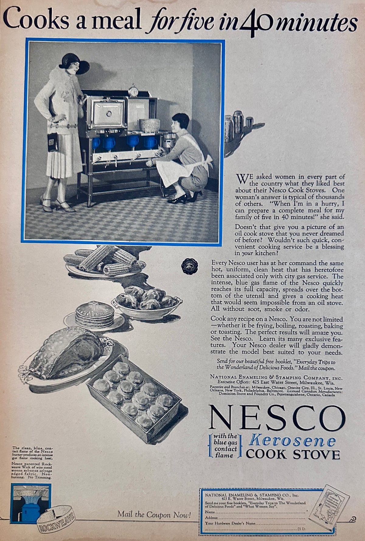 1927 NESCO Kerosene Cook Stove - Cooks A meal for % in 40 Mins. Ad #2478