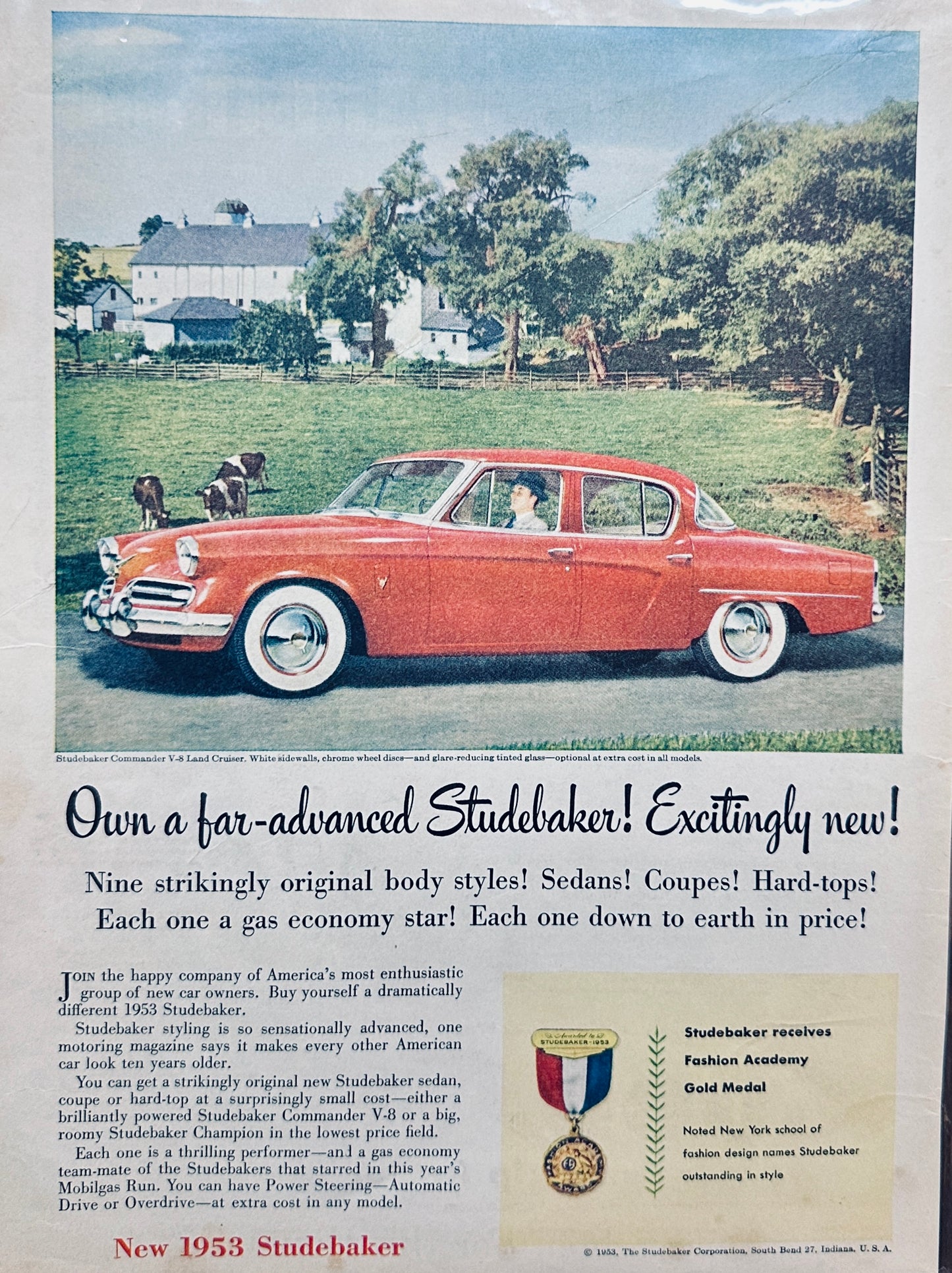 1953 Studebaker Commander Red 4-Door - Pasture in Background - Vintage Ad #A279