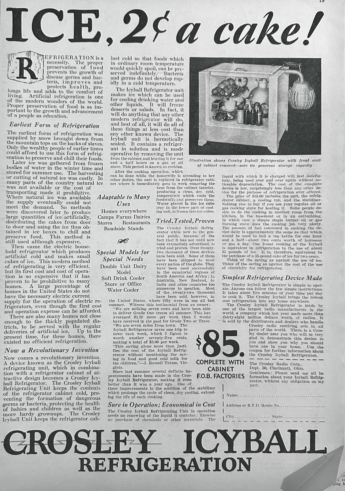 1929 Crosley ICYBALL Refrigeration Ad #2488