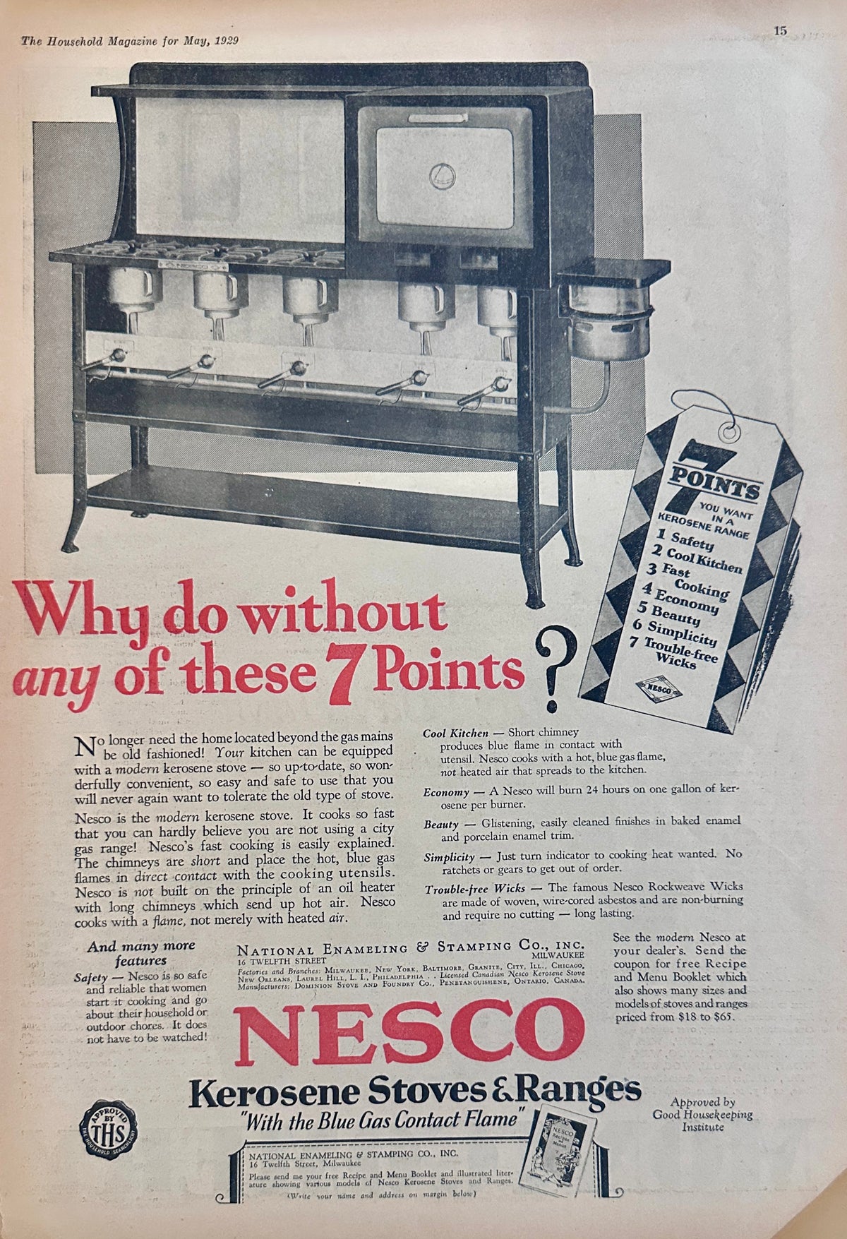 1929 NESCO Kerosene Cook Stove -7 Points of Distinction Ad #2489