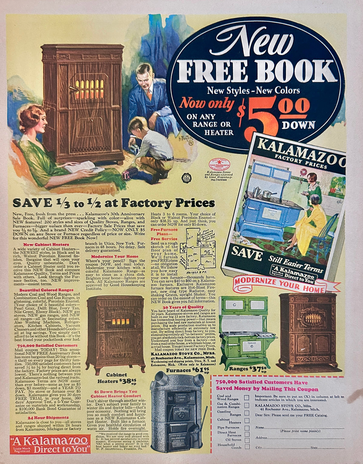 1929 Kalamazoo Ranges, Cabinet Heaters Factory Prices Ad #2492