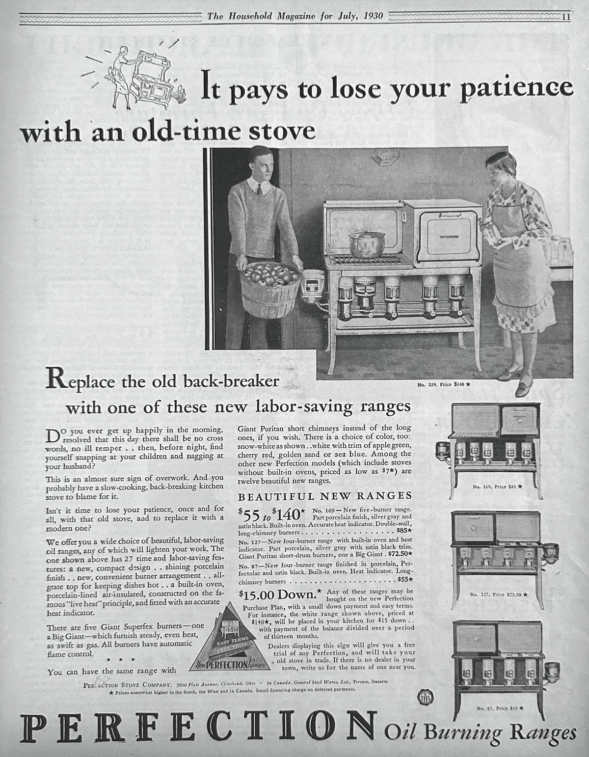 1930 Perfection Oil Burning Ranges It Pays to Lose Your Patience Ad #2494