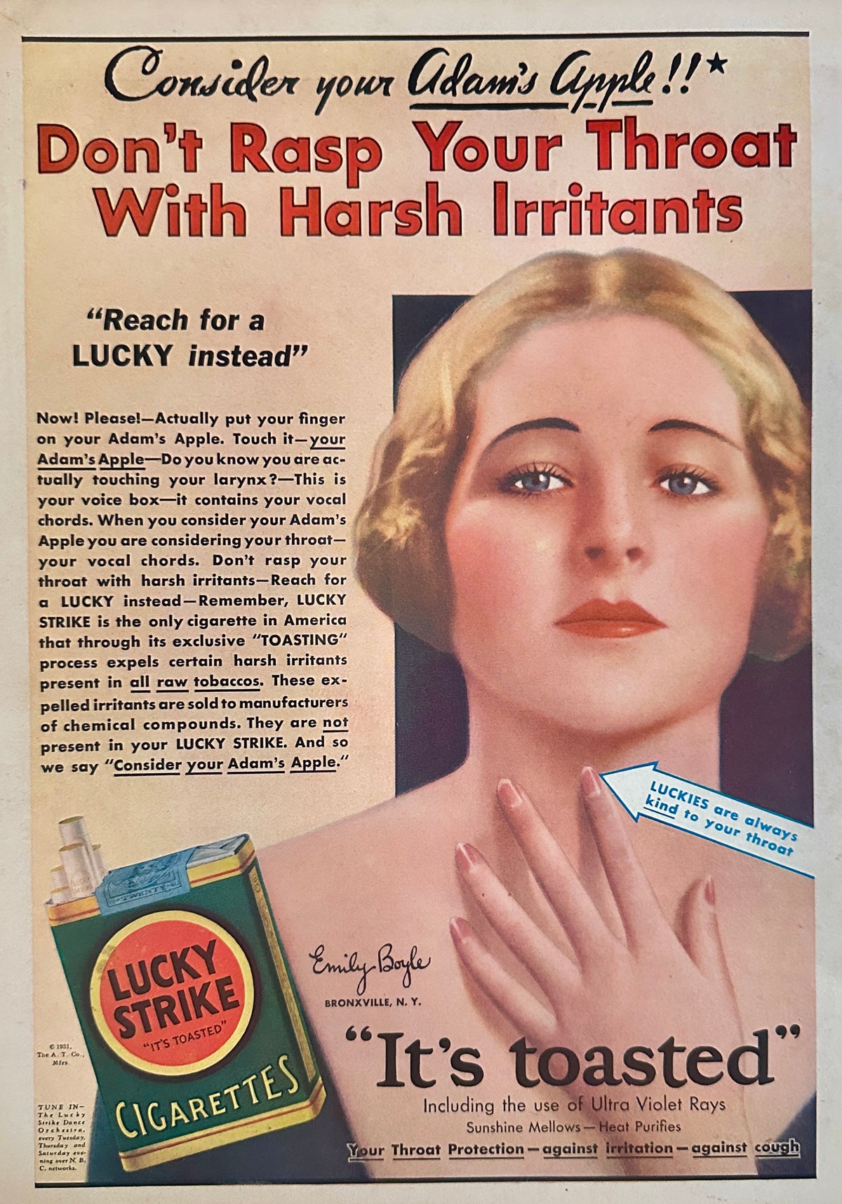 1930 Colorized Lucky Strike Cigarette Ad - Don't Rasp Your Throat Ad #2498