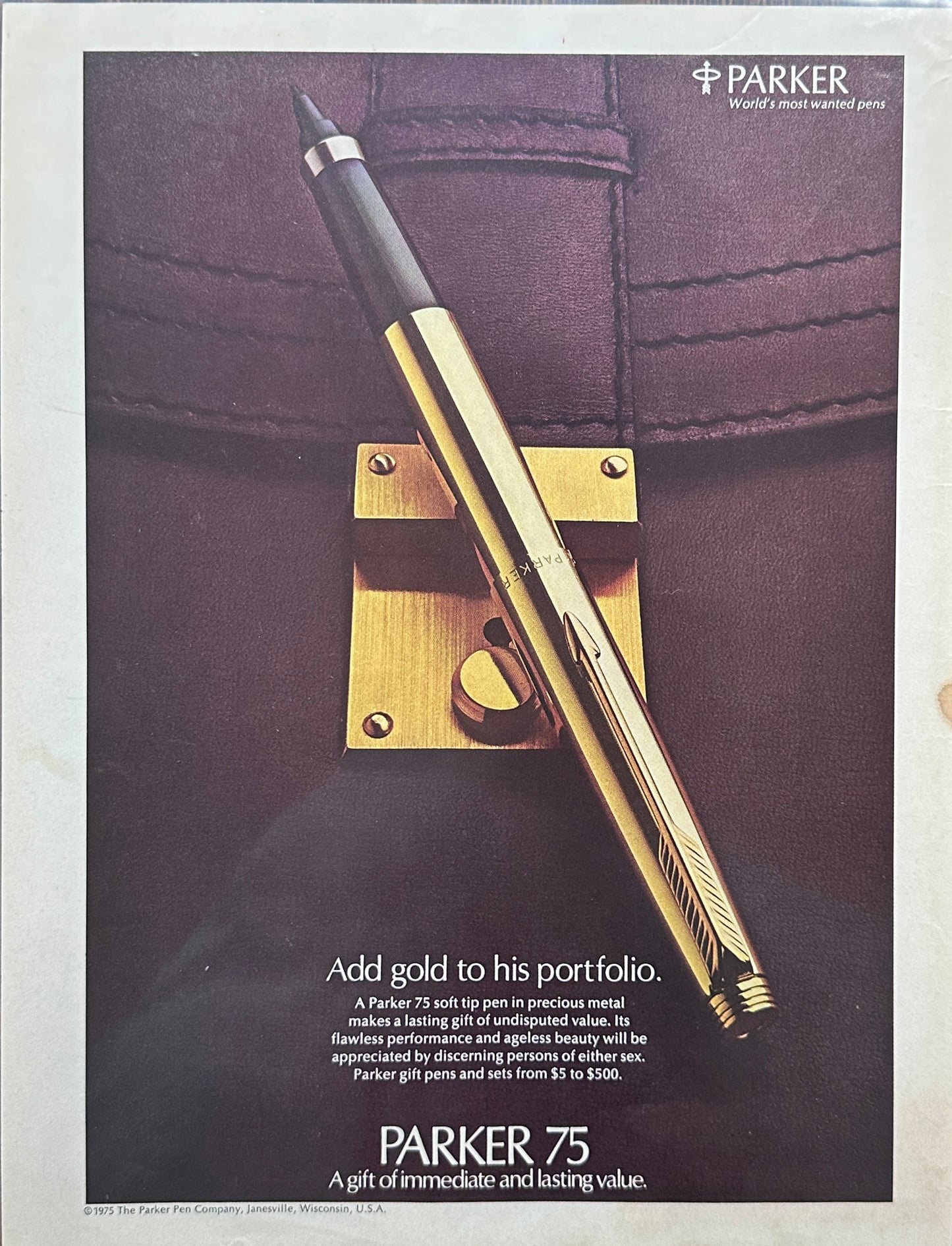 1975 Parker 75 Pen Add Gold to His Portfolio Magazine Ad N773