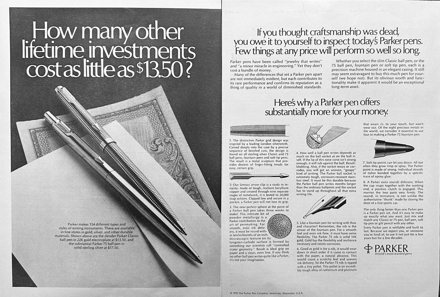 1976 2-Page Parker 75 Ball Point Pen Magazine Ad - Lifetime Investment for $13.50 N779