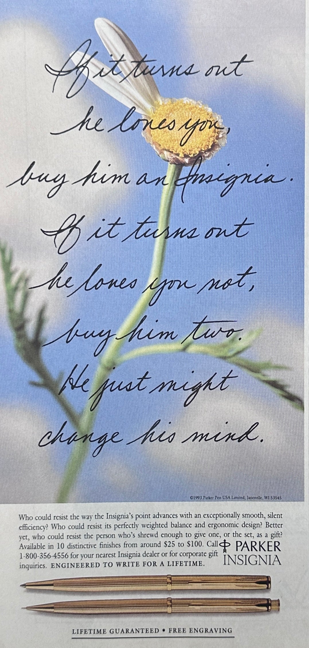 1993 Parker Insignia Pen He Loves Me He Loves Me Not _ Vintage Ad N781