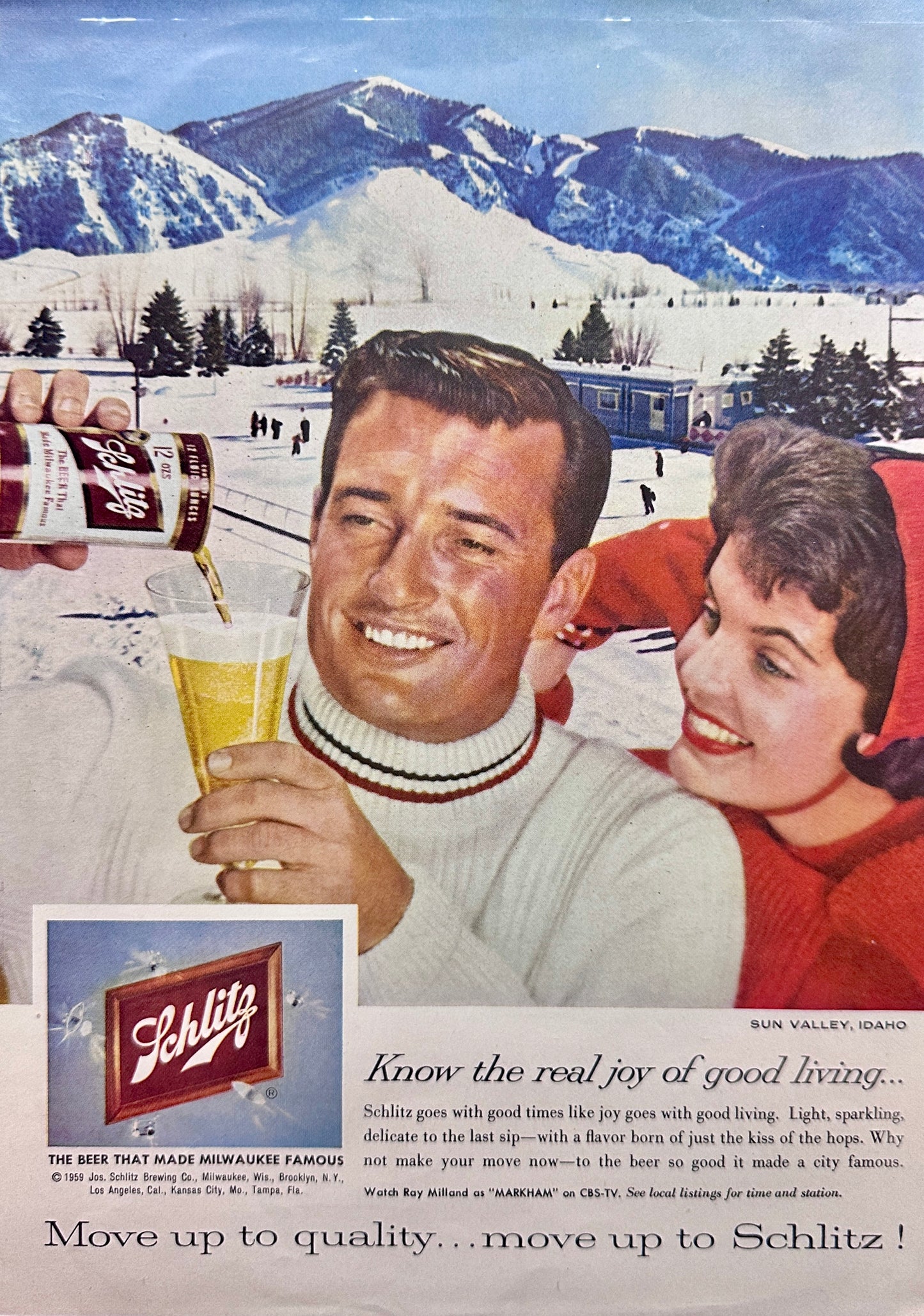 1959 Schlitz Beer - Sun Valley, Idaho - Real Joy of Living - Vintage Ad N821