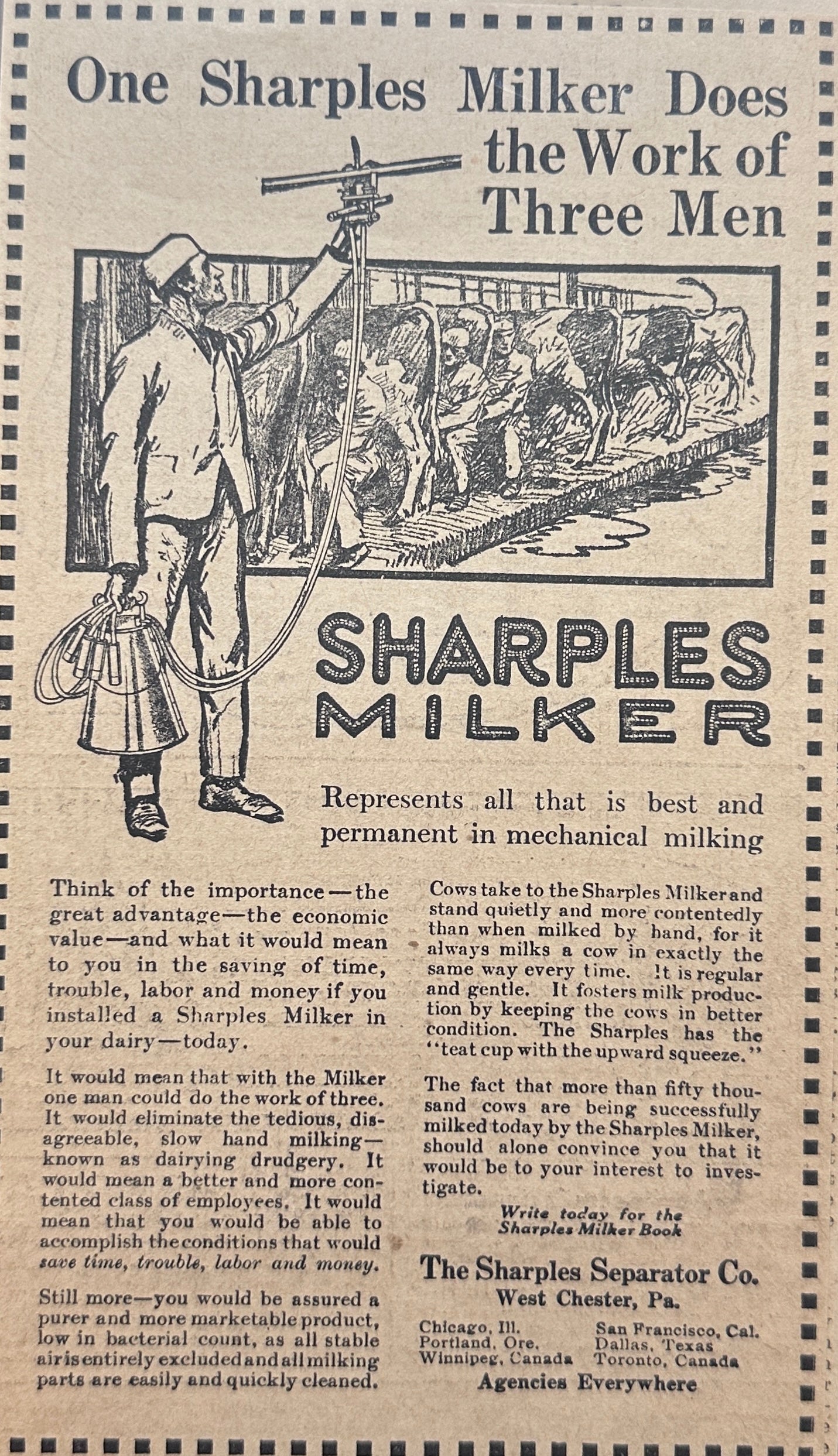 1913 - (2) Sharples Milker Mechanical Milking Vintage Ads