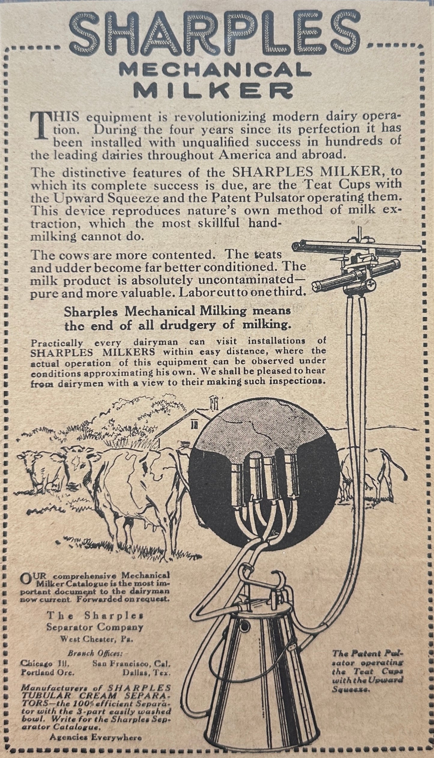 1913 - (2) Sharples Milker Mechanical Milking Vintage Ads