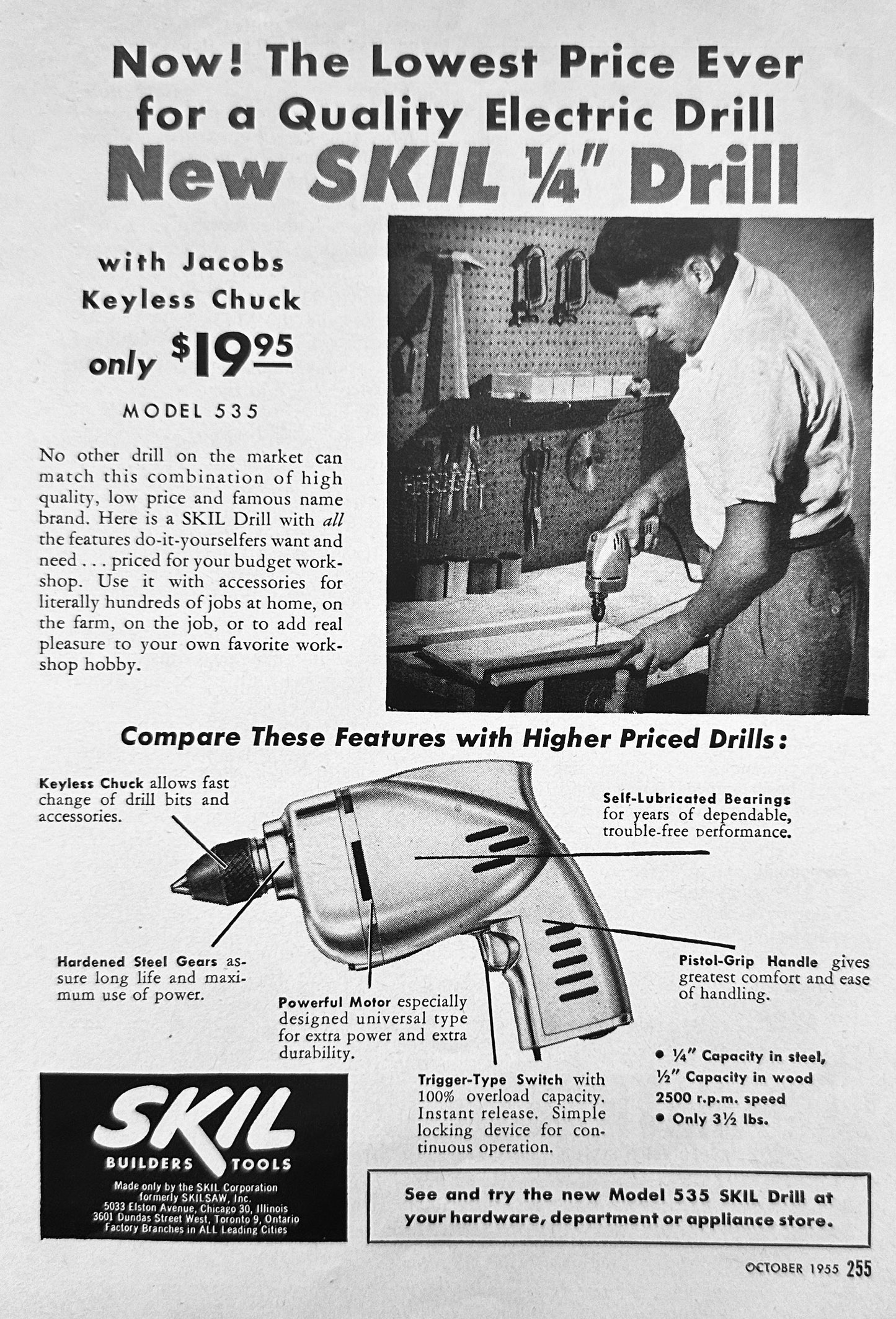 1955 Skil 1/4" Drill Model 535 - Power Tools - Vintage Ad N865