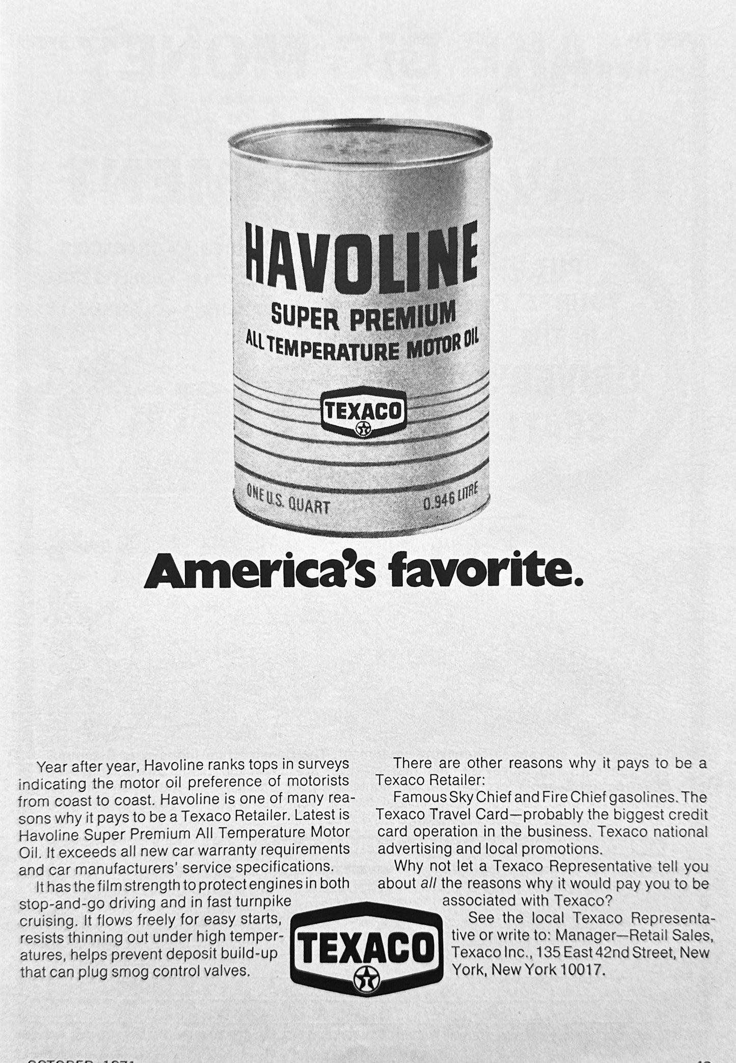 1971 Havoline Motor Oil by Texaco - America's Favorite N892