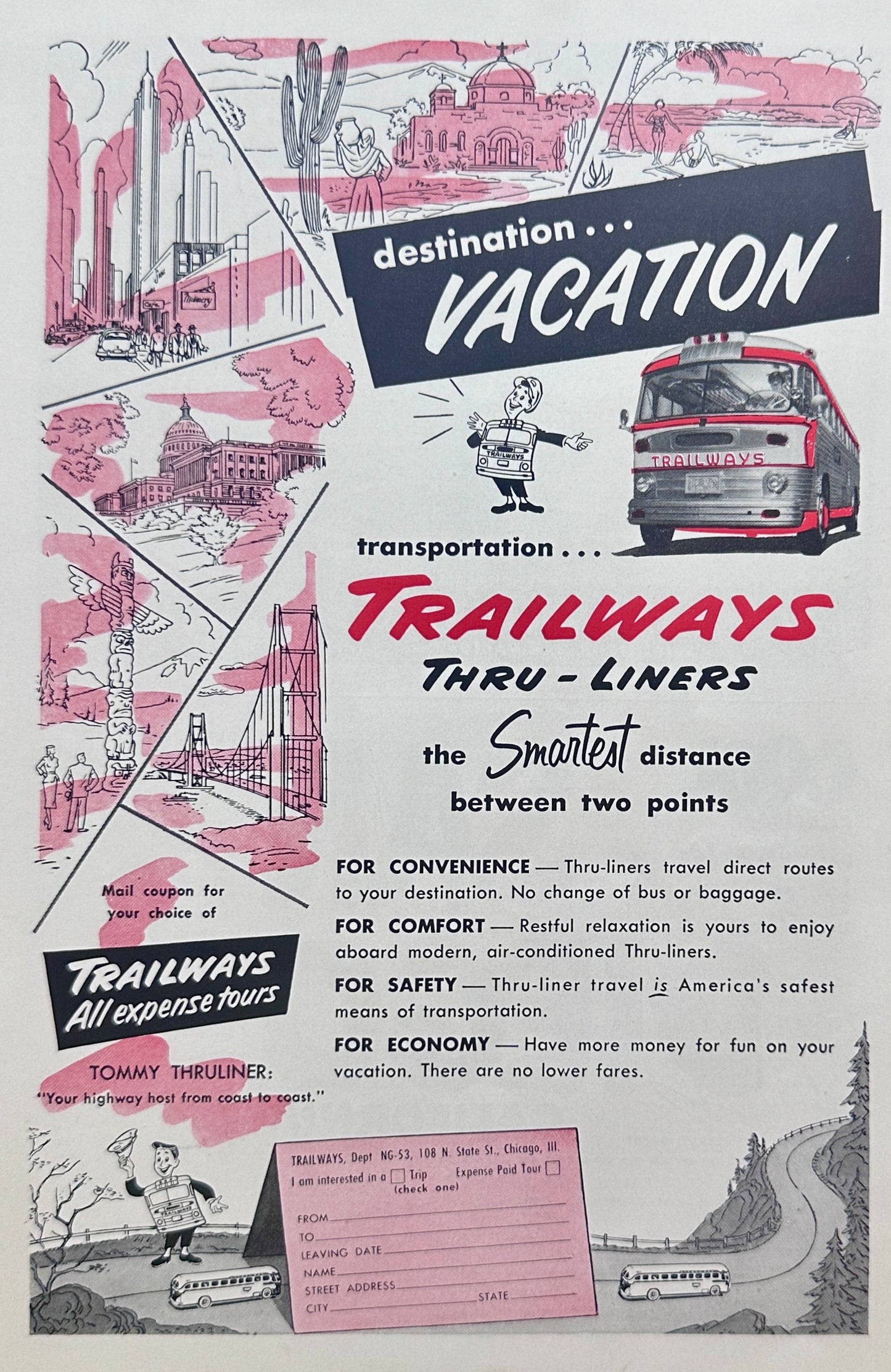 1953 Trailways Bus Line - Thru-liners Vacation Pacakages - Magazine Ad N901