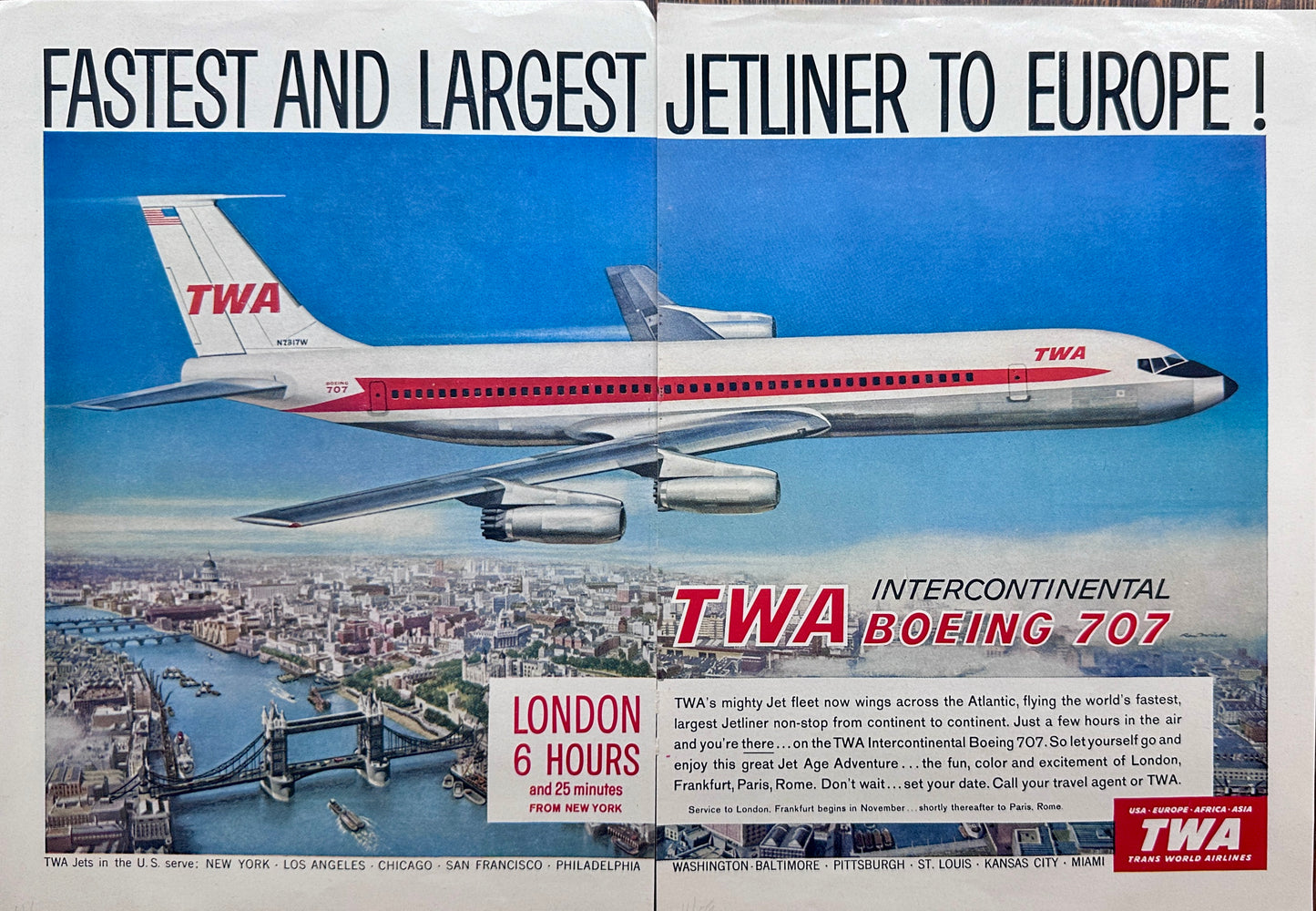 1960 2-Page TWA Boeing 707 Jetliner To Europe - Vintage Ad N903