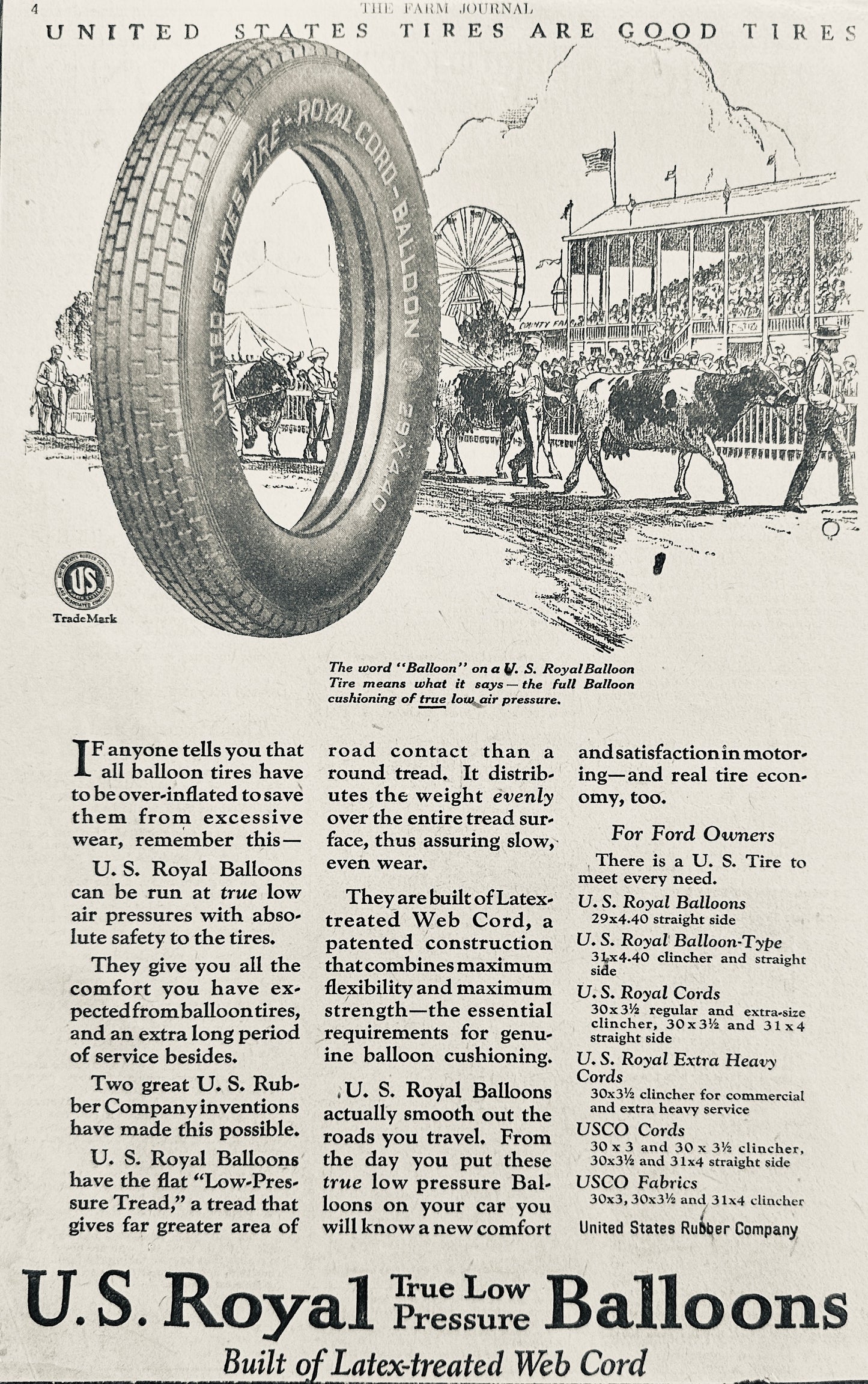 1925 U.S. Royal True Low Pressure Balloon Tires - Vintage Ad